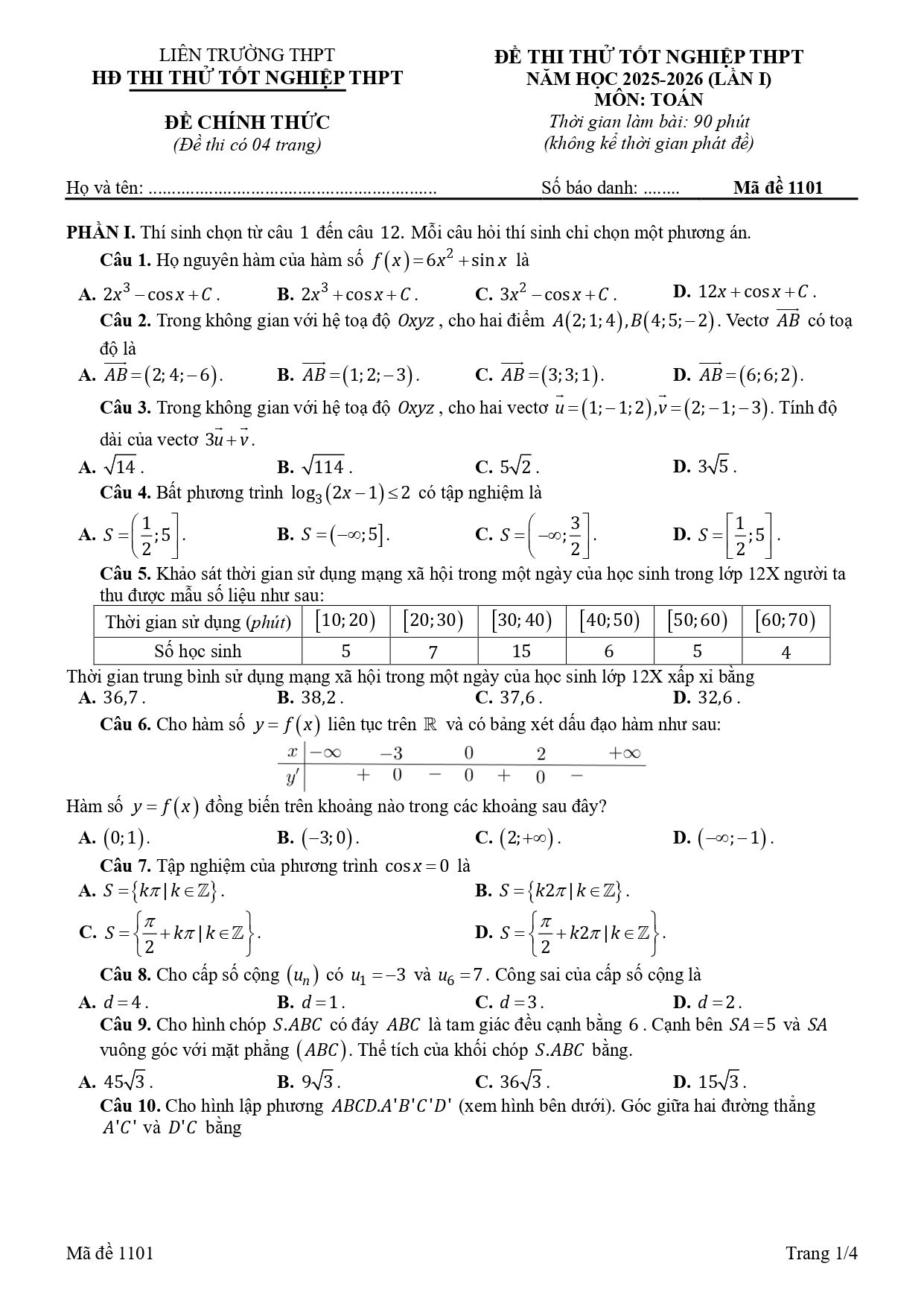 Đề thi thử Tốt nghiệp THPT Toán 2025-2026 (lần 1) liên trường THPT Hà Nội