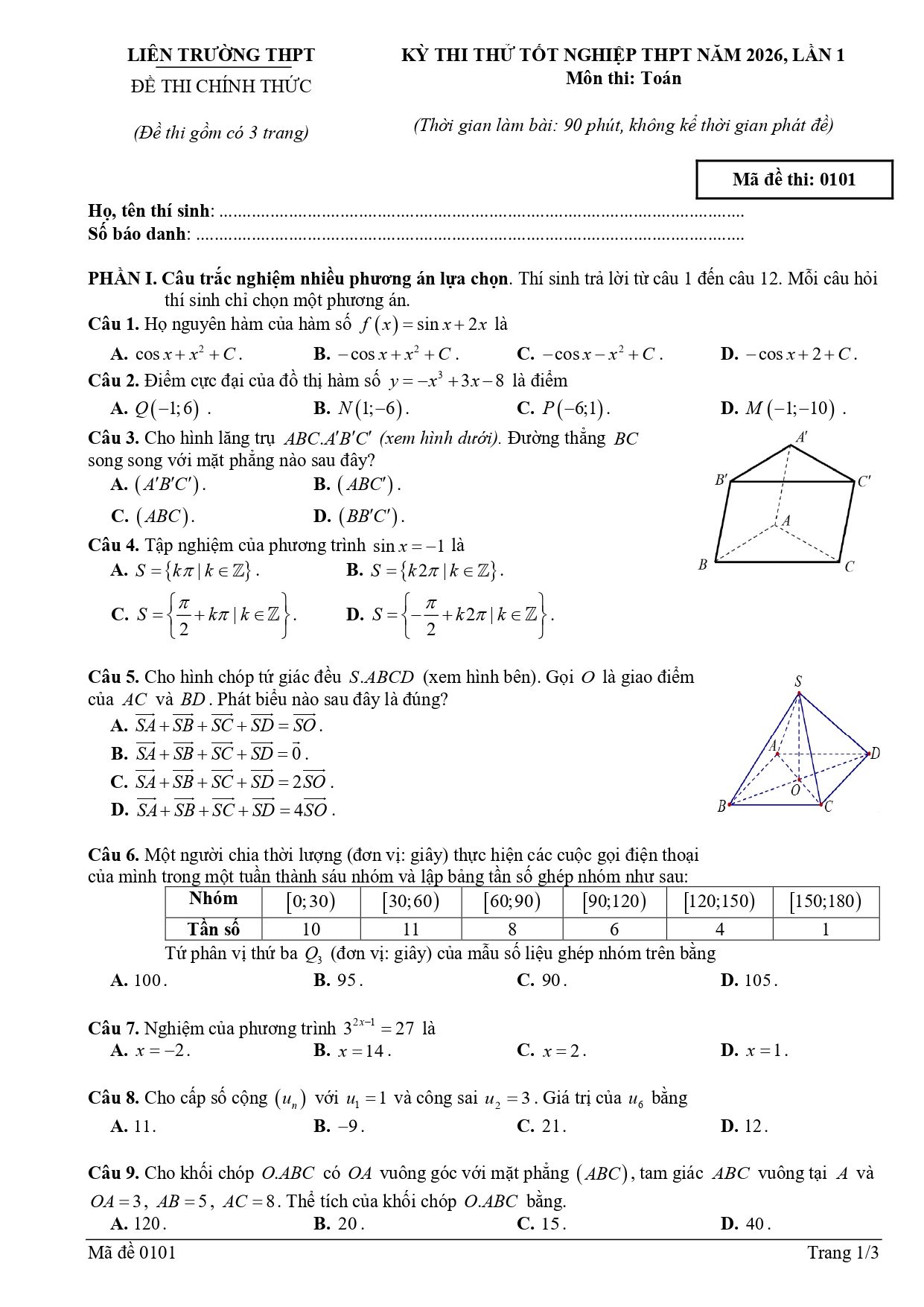 Đề thi thử Tốt nghiệp THPT Toán 2025-2026 liên trường THPT Cù Huy Cận, Đức Thọ, Vũ Quang (Hà Tĩnh)