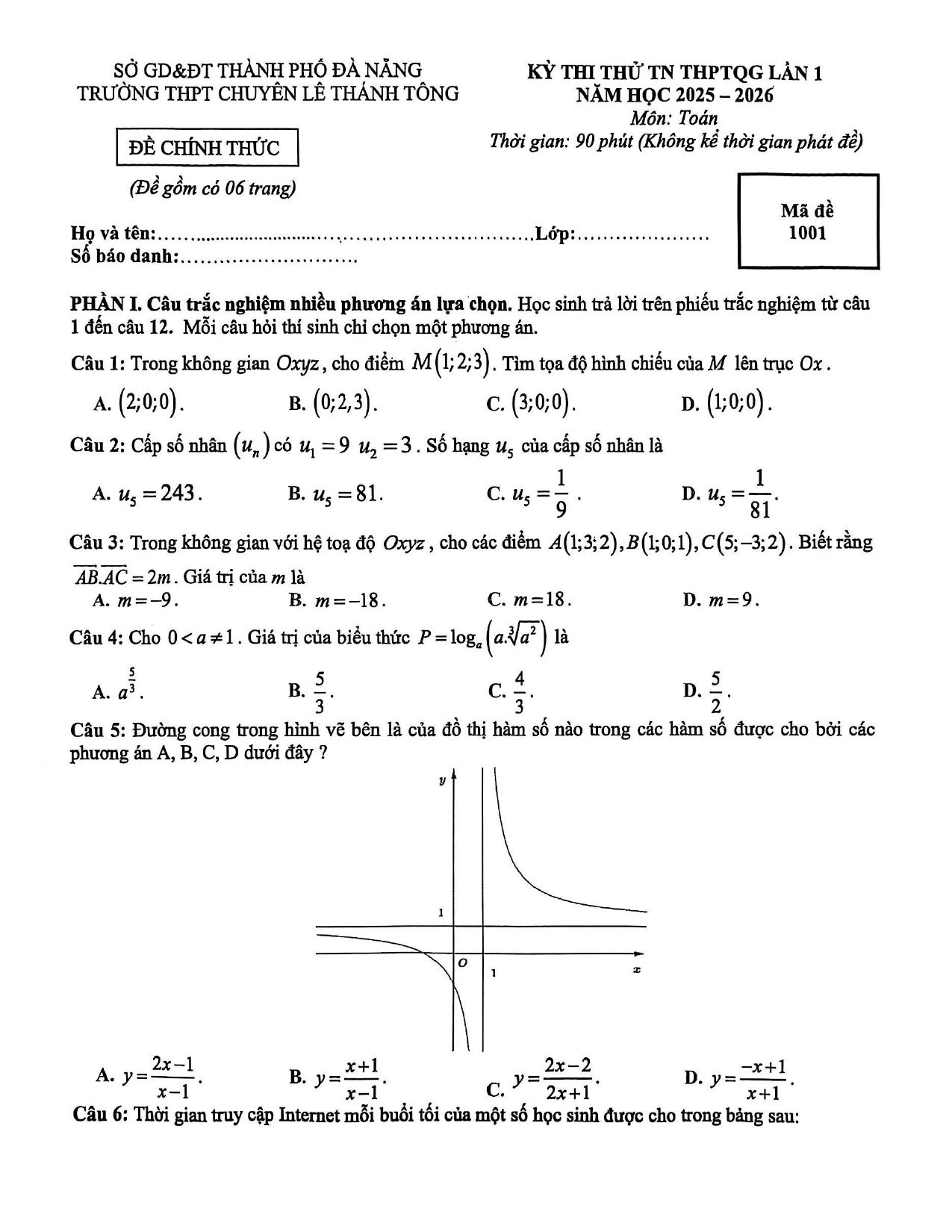 Đề thi thử Tốt nghiệp THPT Toán 2025-2026 trường chuyên Lê Thánh Tông (Đà Nẵng)