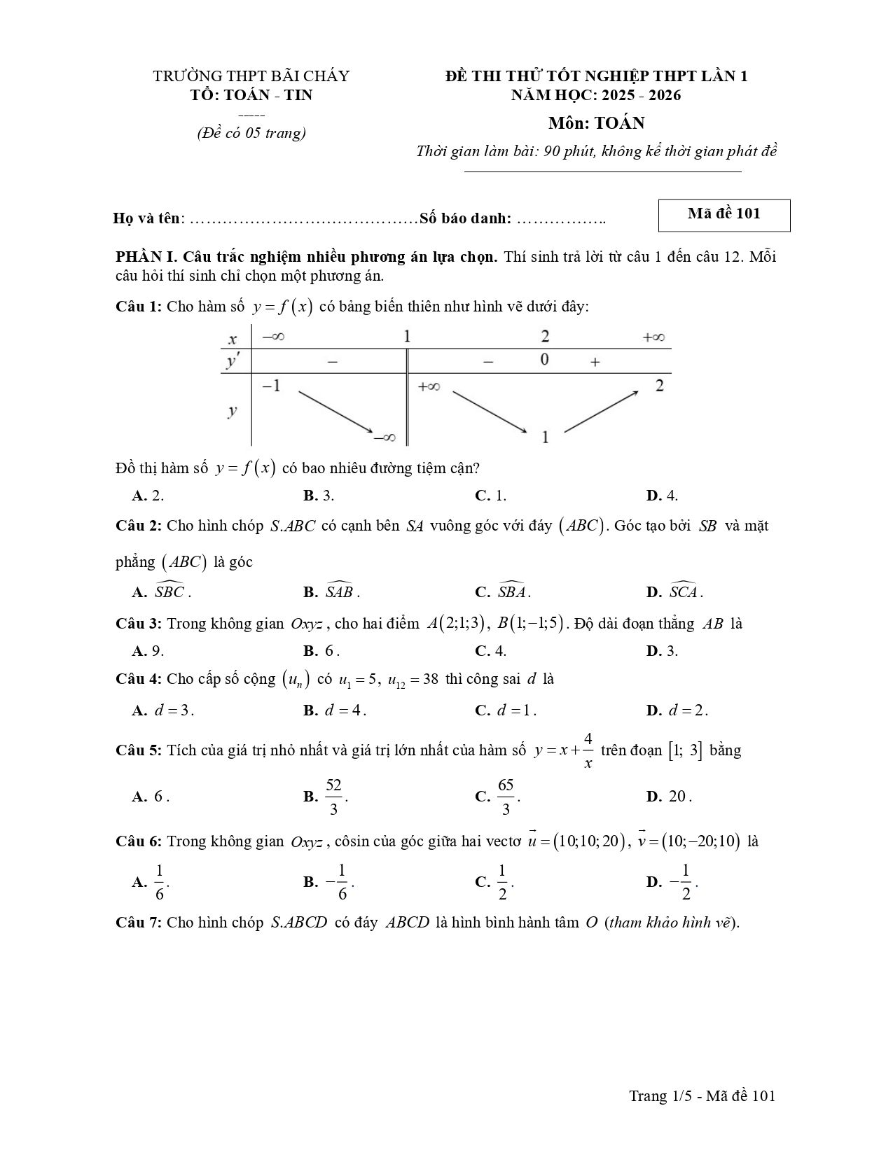 Đề thi thử Tốt nghiệp THPT Toán 2025-2026 trường THPT Bãi Cháy (Quảng Ninh)