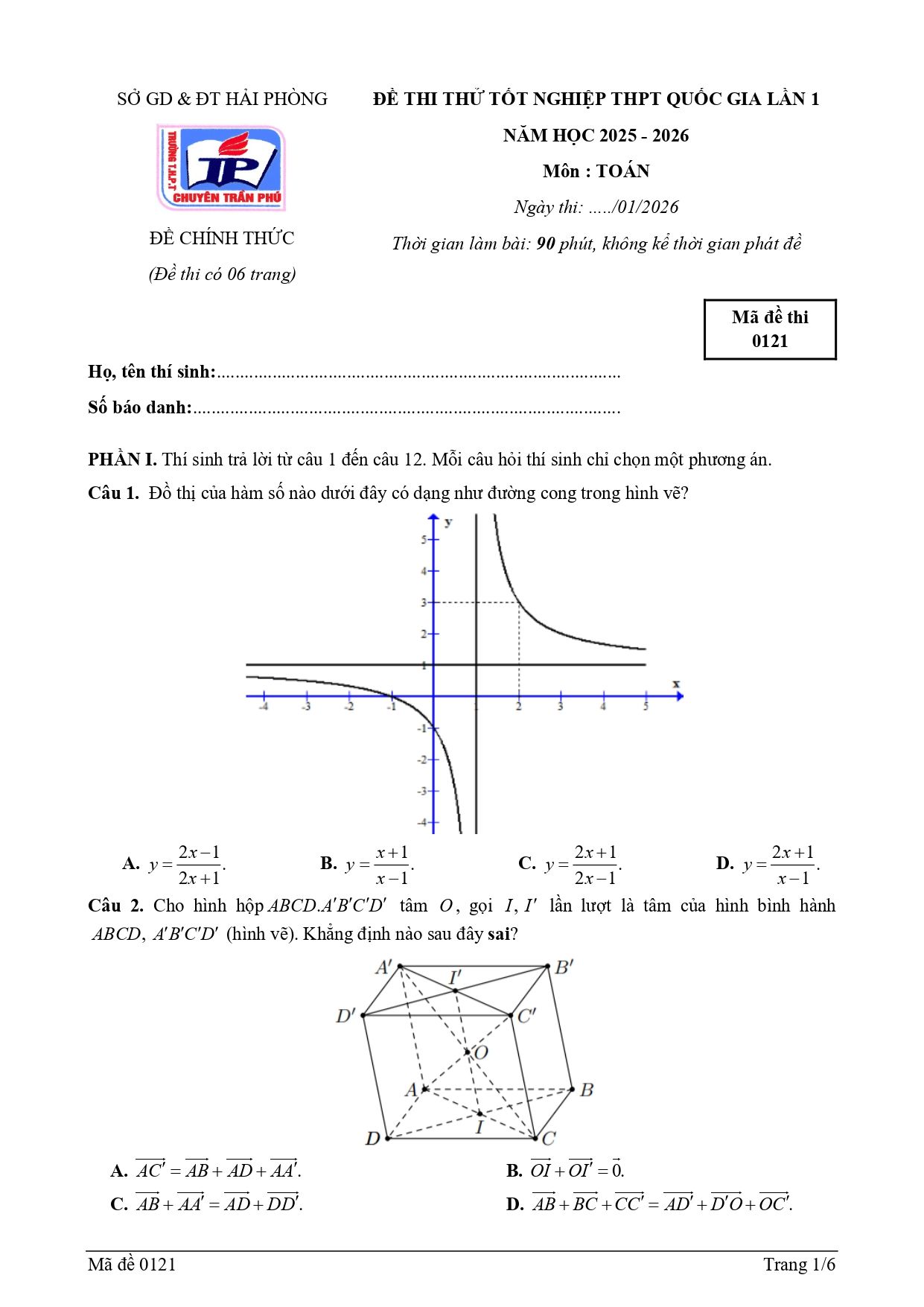 Đề thi thử Tốt nghiệp THPT Toán 2025-2026 trường THPT chuyên Trần Phú (Hải Phòng)