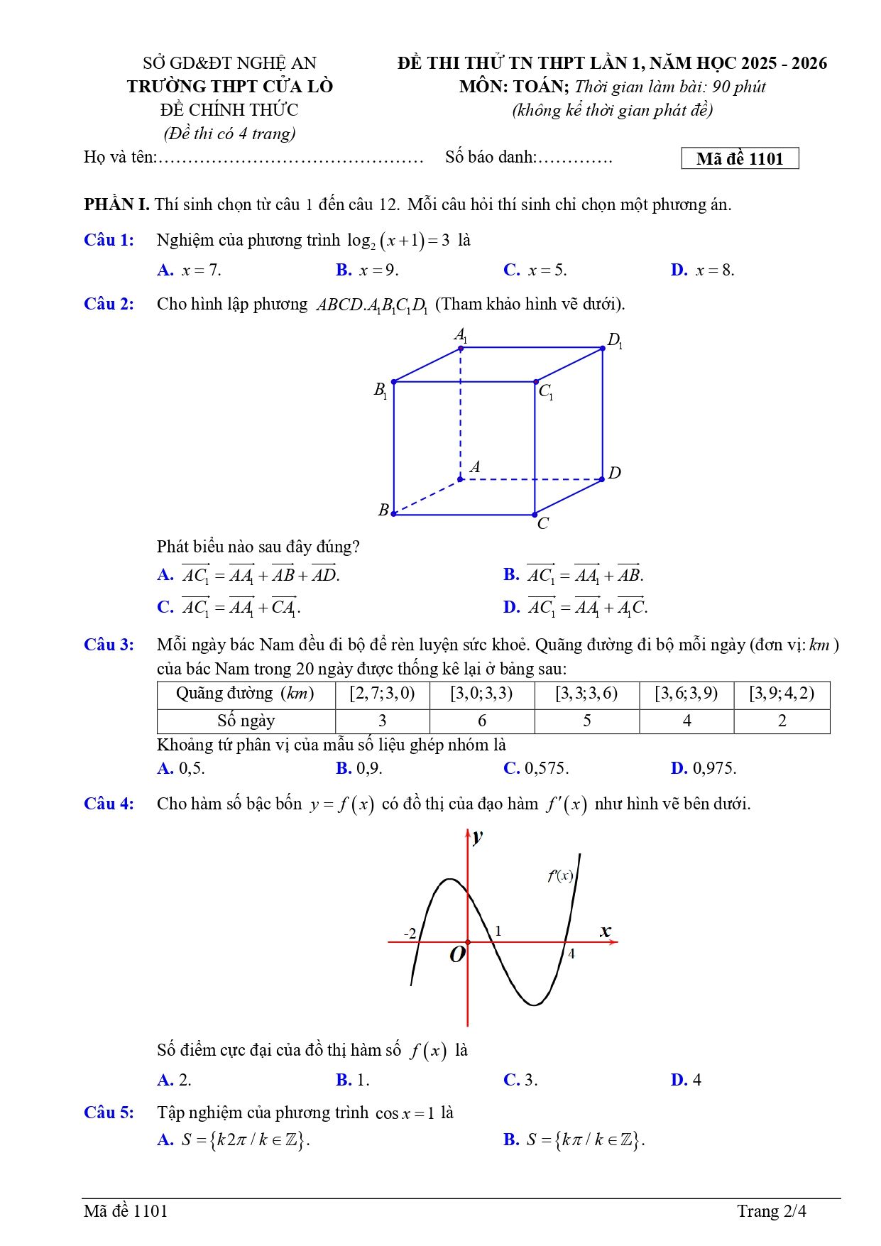 Đề thi thử Tốt nghiệp THPT Toán 2025-2026 trường THPT Cửa Lò (Nghệ An)