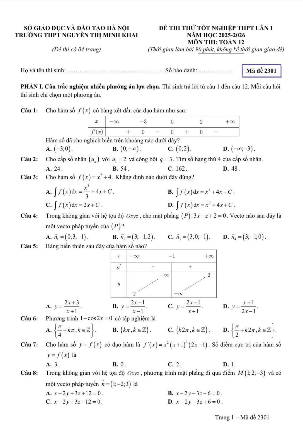 Đề thi thử Tốt nghiệp THPT Toán 2025-2026 trường THPT Nguyễn Thị Minh Khai (Hà Nội)