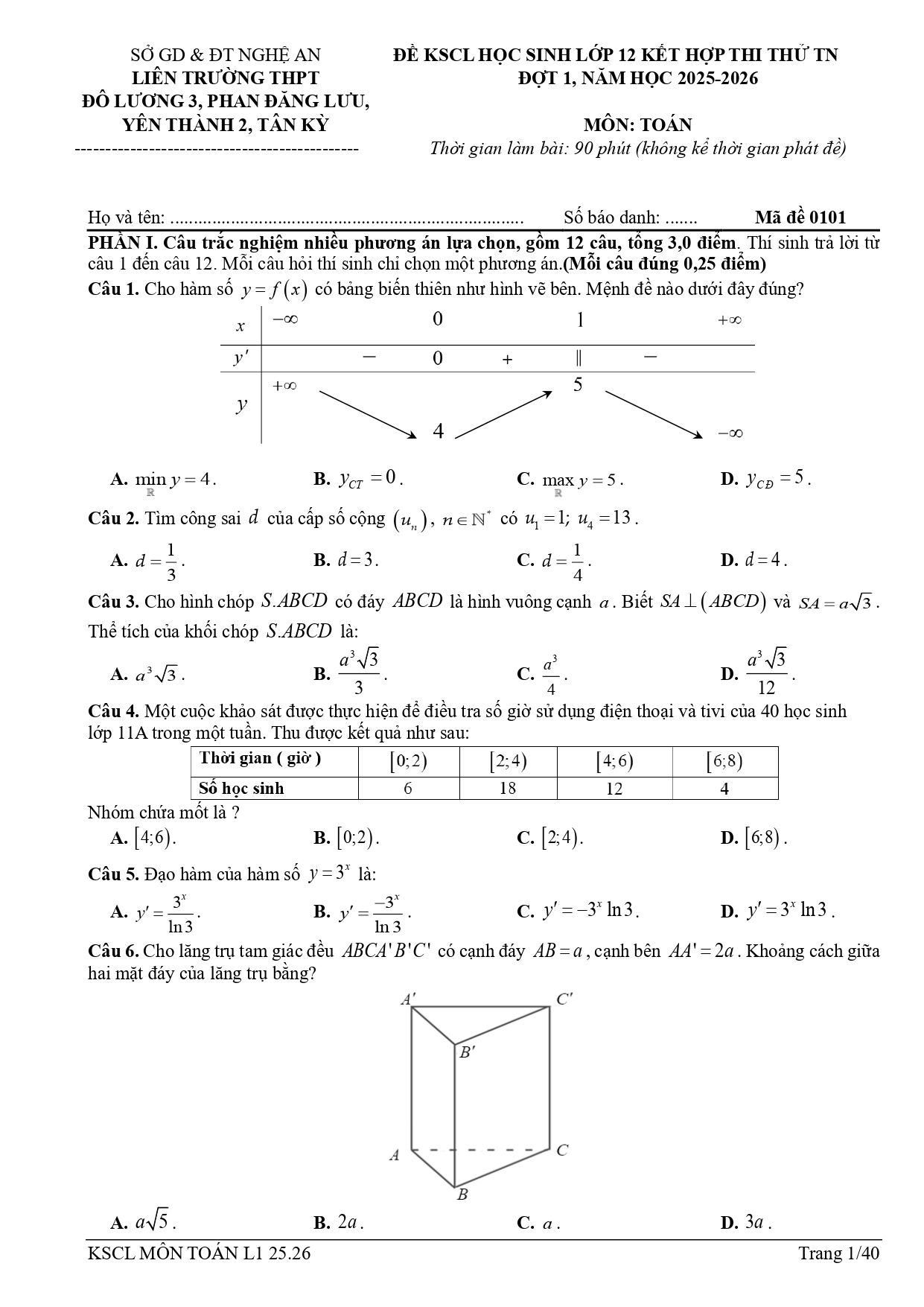 Đề thi thử Tốt nghiệp THPT Toán 2025-2026 liên trường THPT Đô Lương 3, Phan Đăng Lưu, Yên Thành 2, Tân Kỳ (Nghệ An)