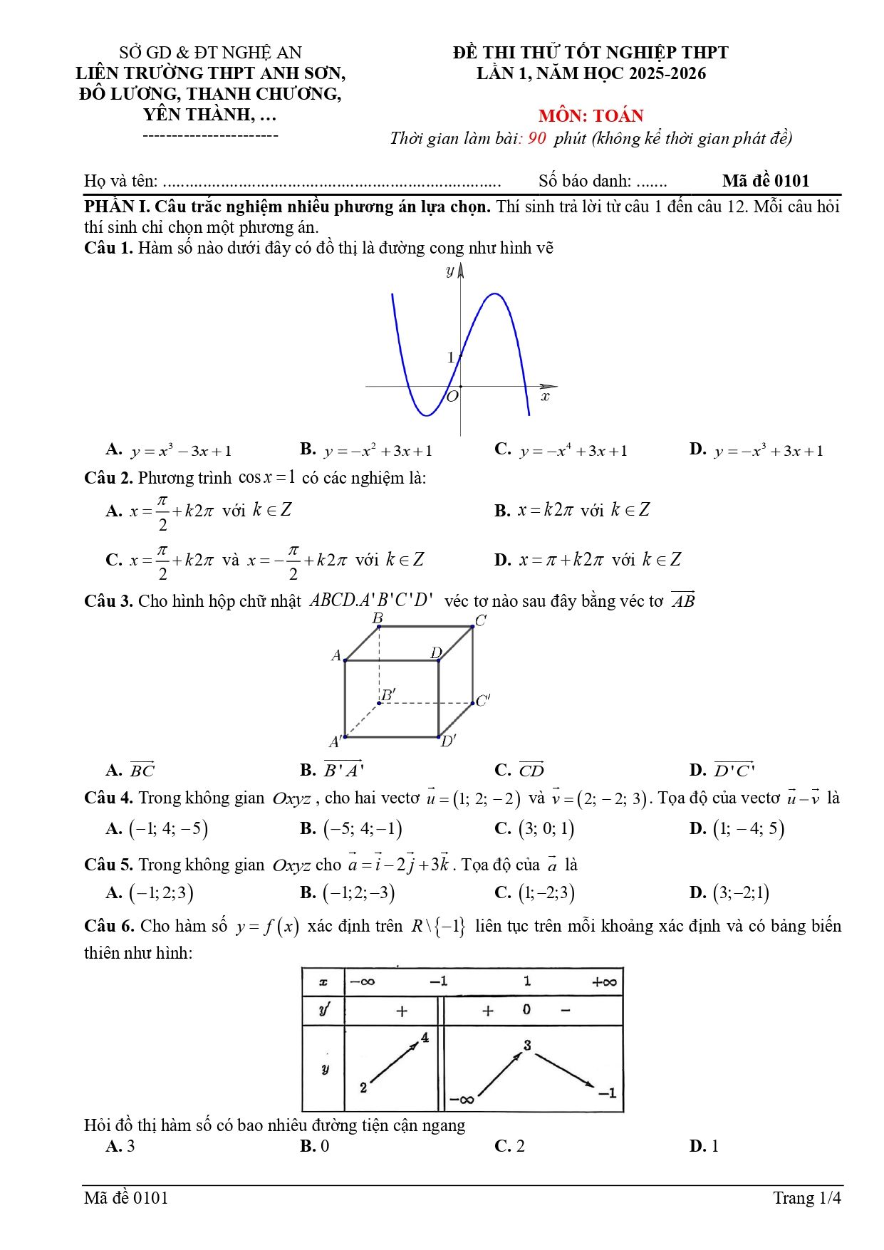 Đề thi thử Tốt nghiệp THPT Toán 2025-2026 liên trường THPT Anh Sơn, Đô Lương, Thanh Chương, Yên Thành (Nghệ An)