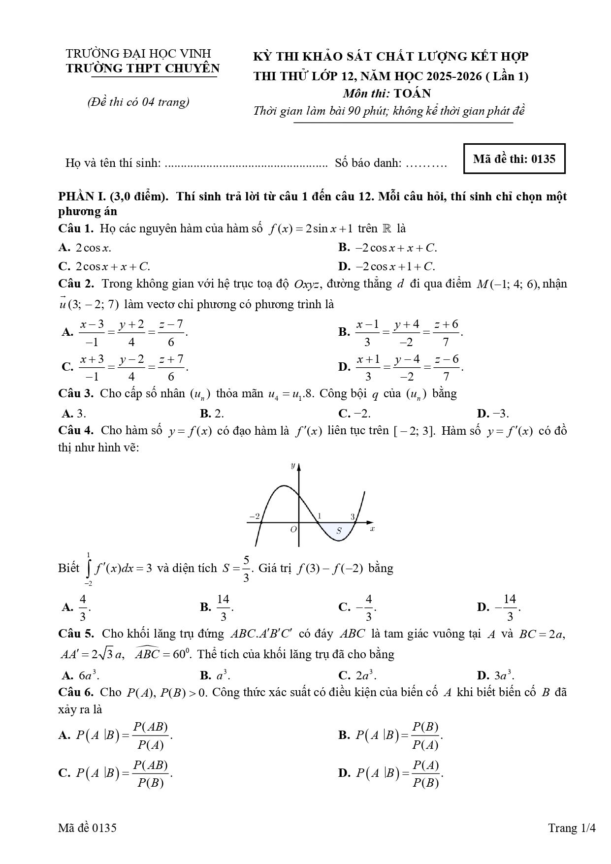 Đề thi thử Tốt nghiệp THPT Toán 2025-2026 trường chuyên ĐH Vinh (Nghệ An)