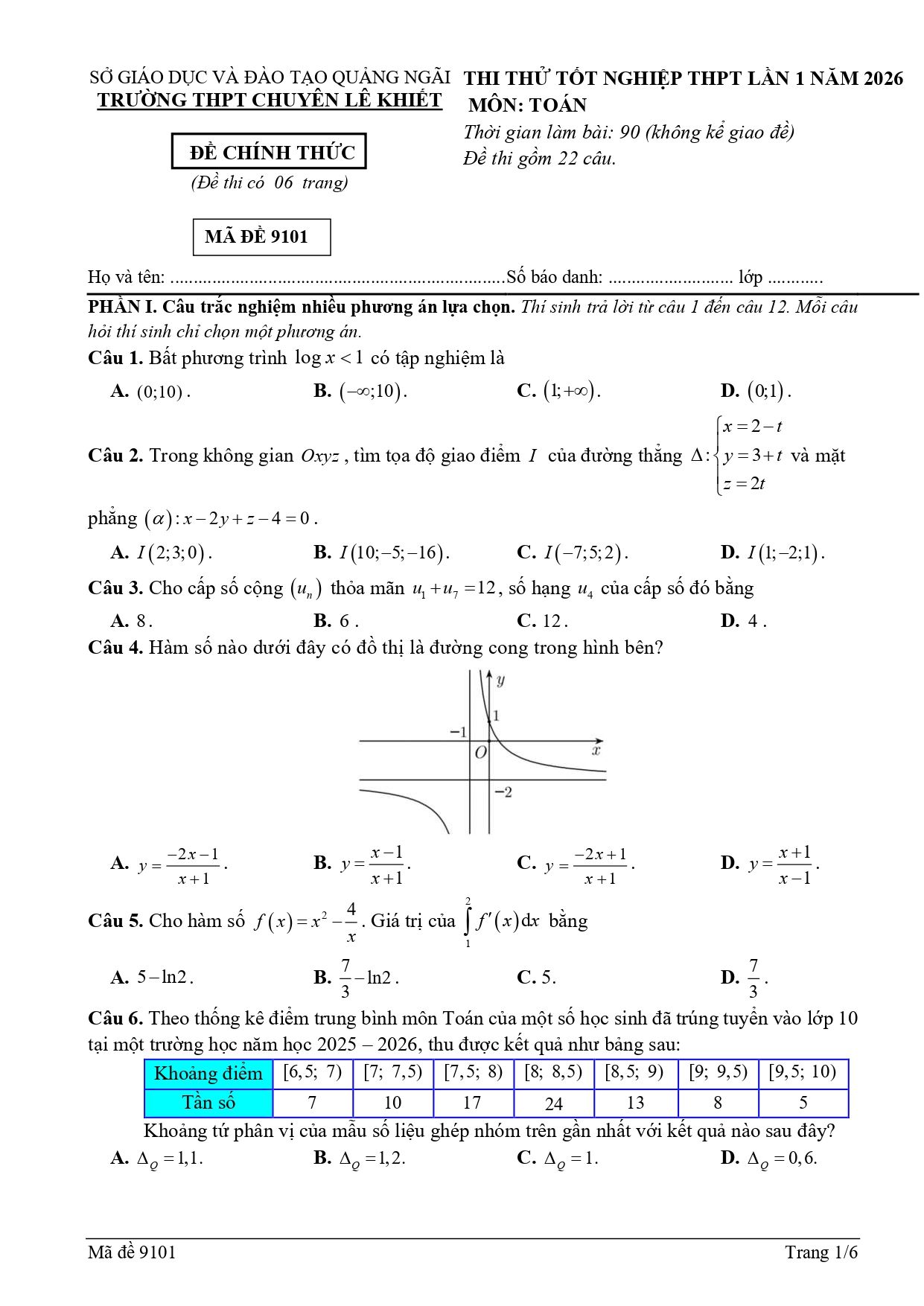 Đề thi thử Tốt nghiệp THPT Toán (lần 1) 2025-2026 trường chuyên Lê Khiết (Quảng Ngãi)