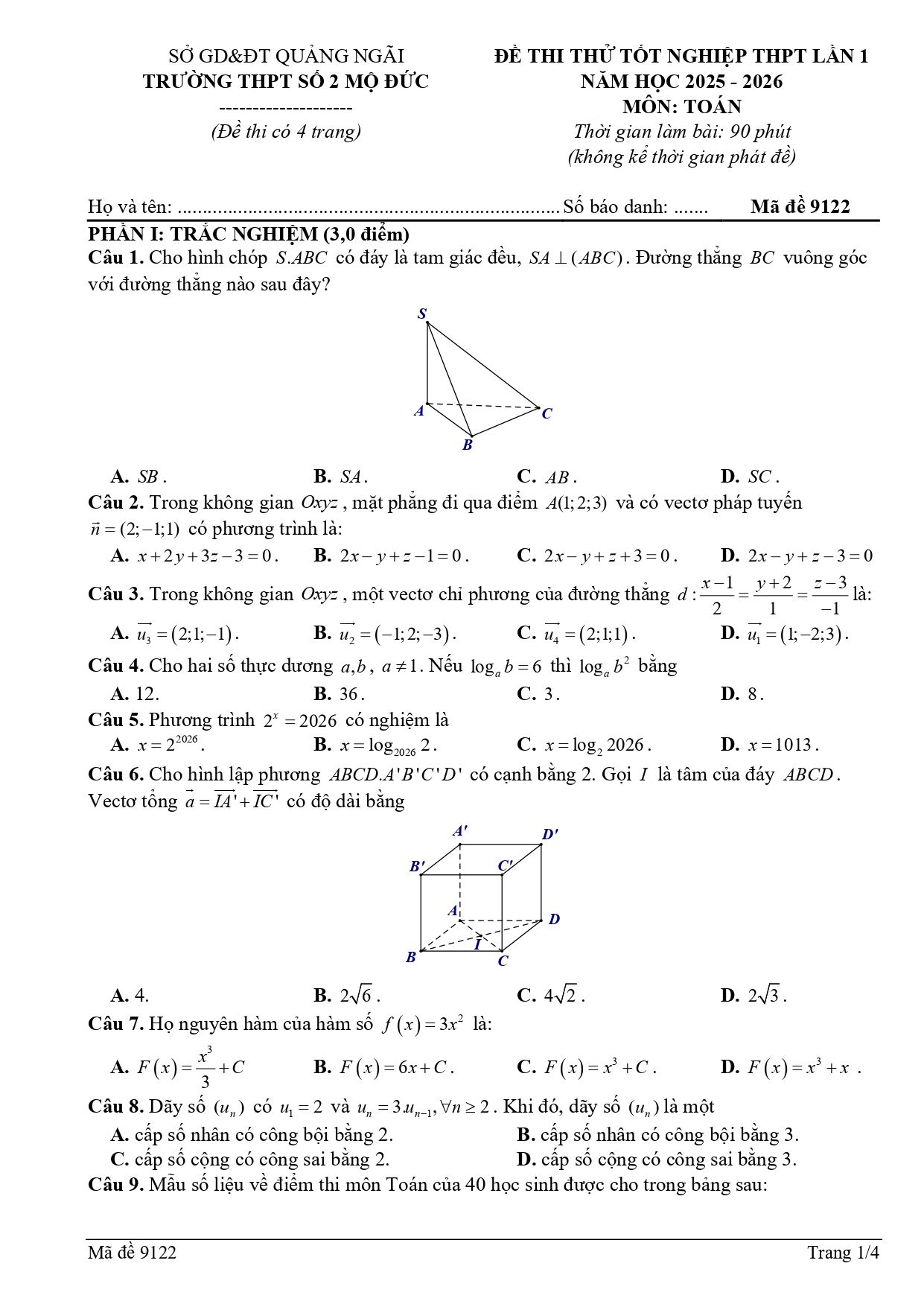 Đề thi thử Tốt nghiệp THPT Toán (lần 1) 2025-2026 trường THPT Mộ Đức 2 (Quảng Ngãi)