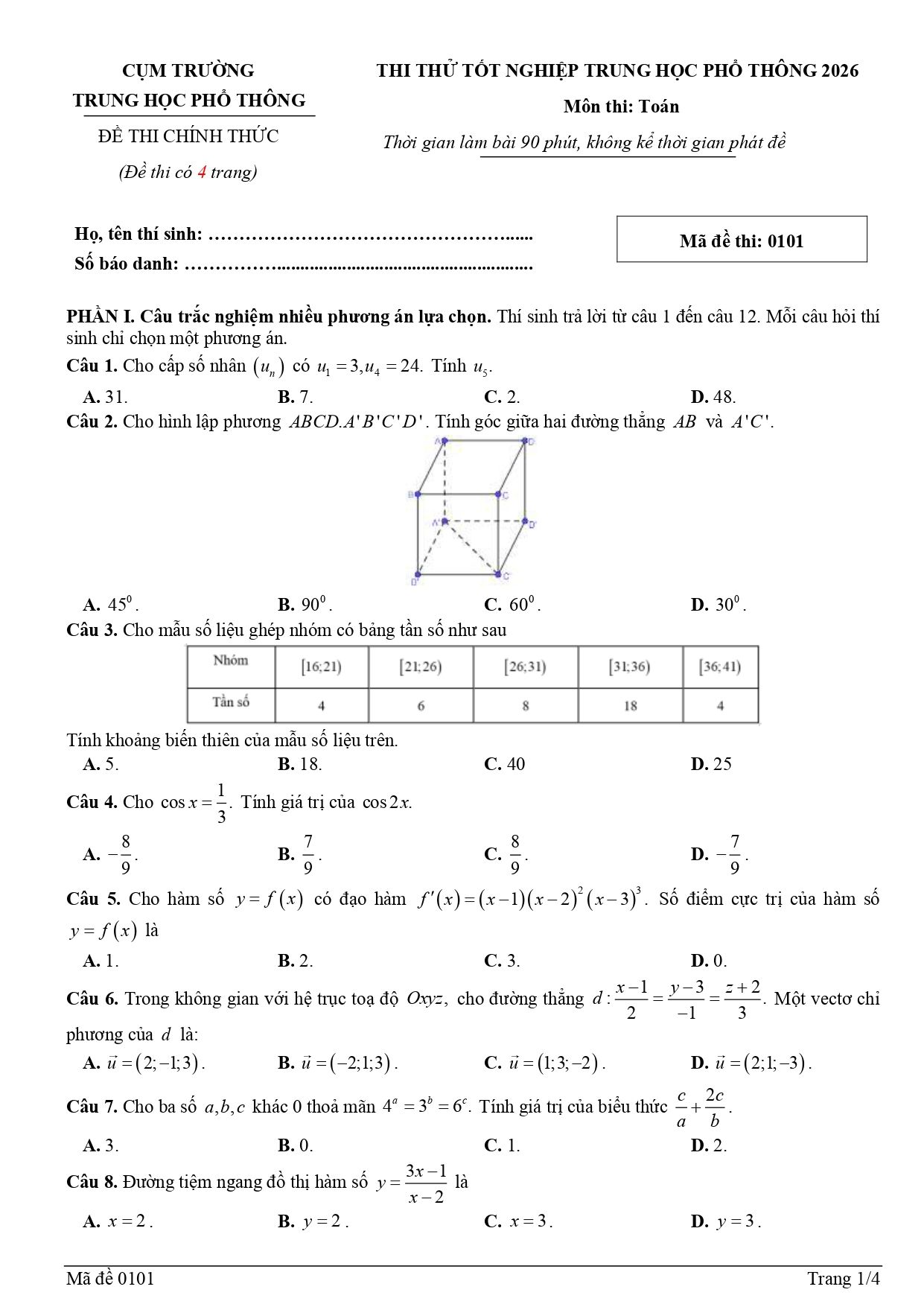 Đề thi thử Tốt nghiệp THPT Toán 2025-2026 trường chuyên Phan Bội Châu (Nghệ An)