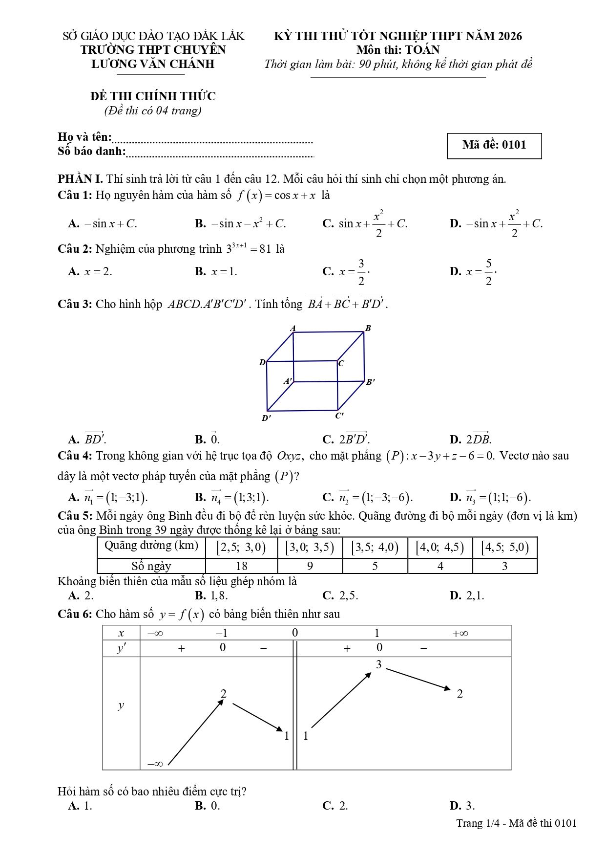 Đề thi thử Tốt nghiệp THPT Toán 2025-2026 trường chuyên Lương Văn Chánh (Đắk Lắk)