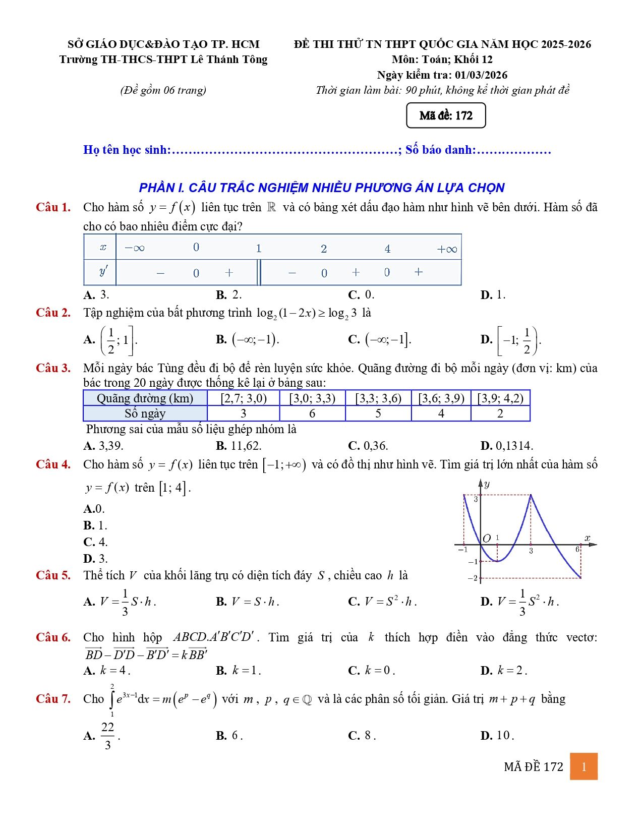 Đề thi thử Tốt nghiệp THPT Toán 2025-2026 trường Lê Thánh Tông (TP Hồ Chí Minh)