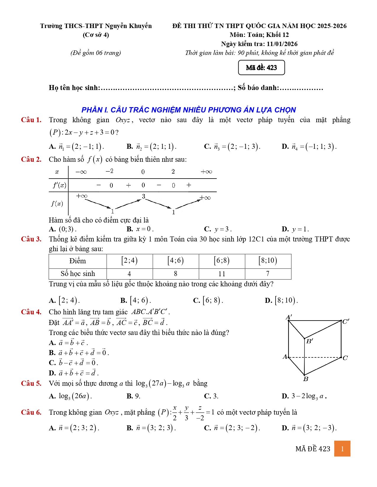 Đề thi thử Tốt nghiệp THPT Toán 2025-2026 trường THCS - THPT Nguyễn Khuyến (Hồ Chí Minh)