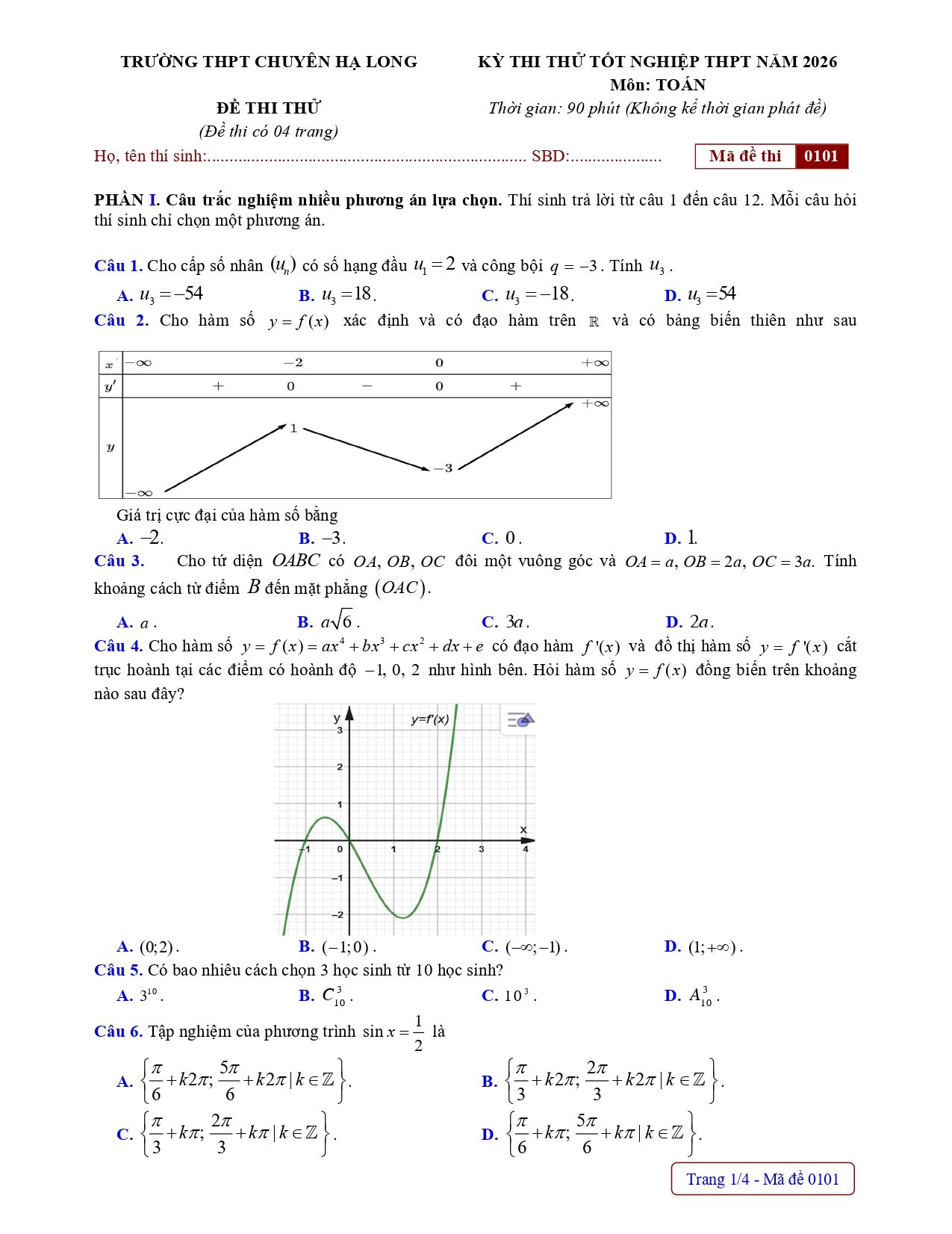 Đề thi thử Tốt nghiệp THPT Toán 2025-2026 trường THPT chuyên Hạ Long (Quảng Ninh)