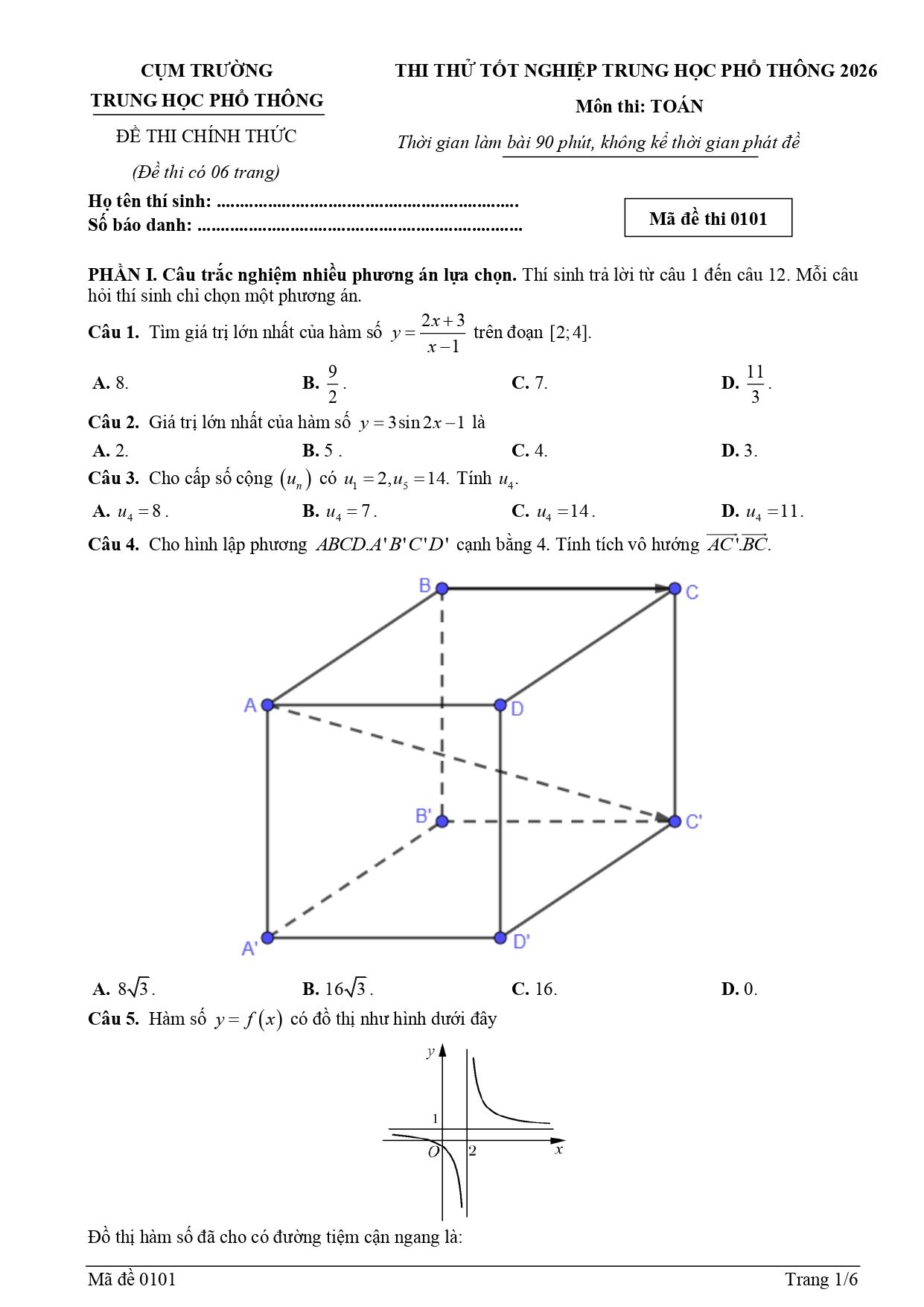 Đề thi thử Tốt nghiệp THPT Toán 2025-2026 trường THPT chuyên Phan Bội Châu (Nghệ An)