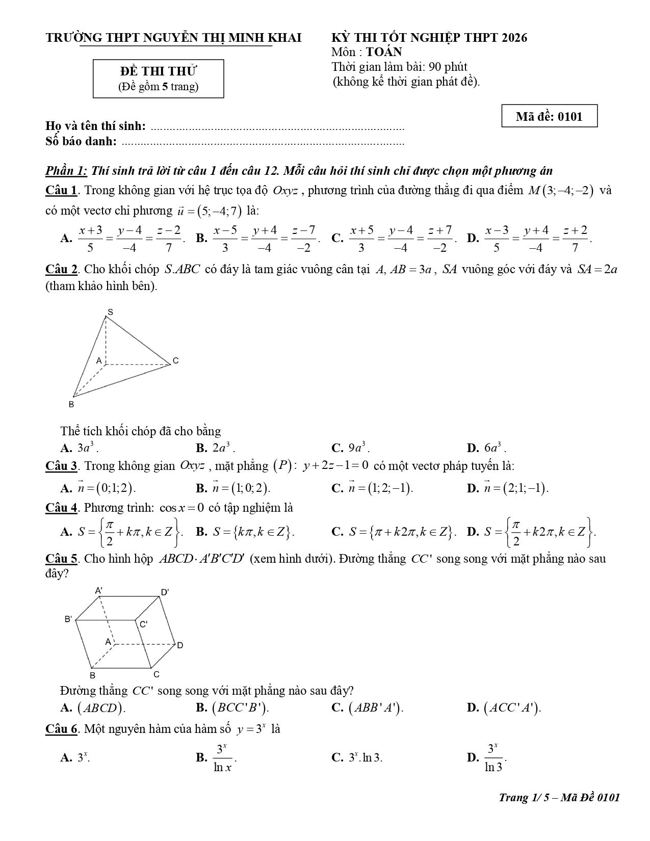 Đề thi thử Tốt nghiệp THPT Toán 2025-2026 trường THPT Nguyễn Thị Minh Khai (Khánh Hòa)