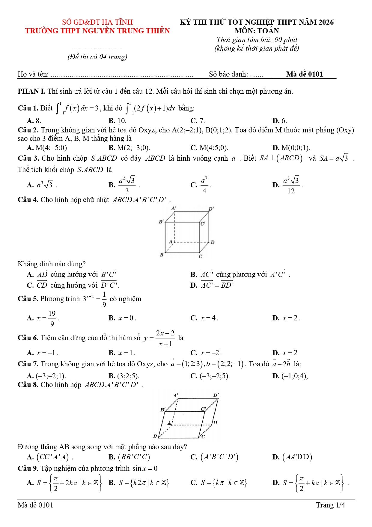 Đề thi thử Tốt nghiệp THPT Toán 2025-2026 trường THPT Nguyễn Trung Thiên (Hà Tĩnh)