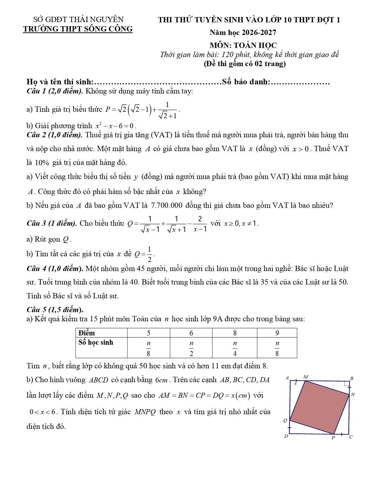 Đề thi thử Toán vào lớp 10 năm 2026-2027 trường THPT Sông Công (Thái Nguyên)