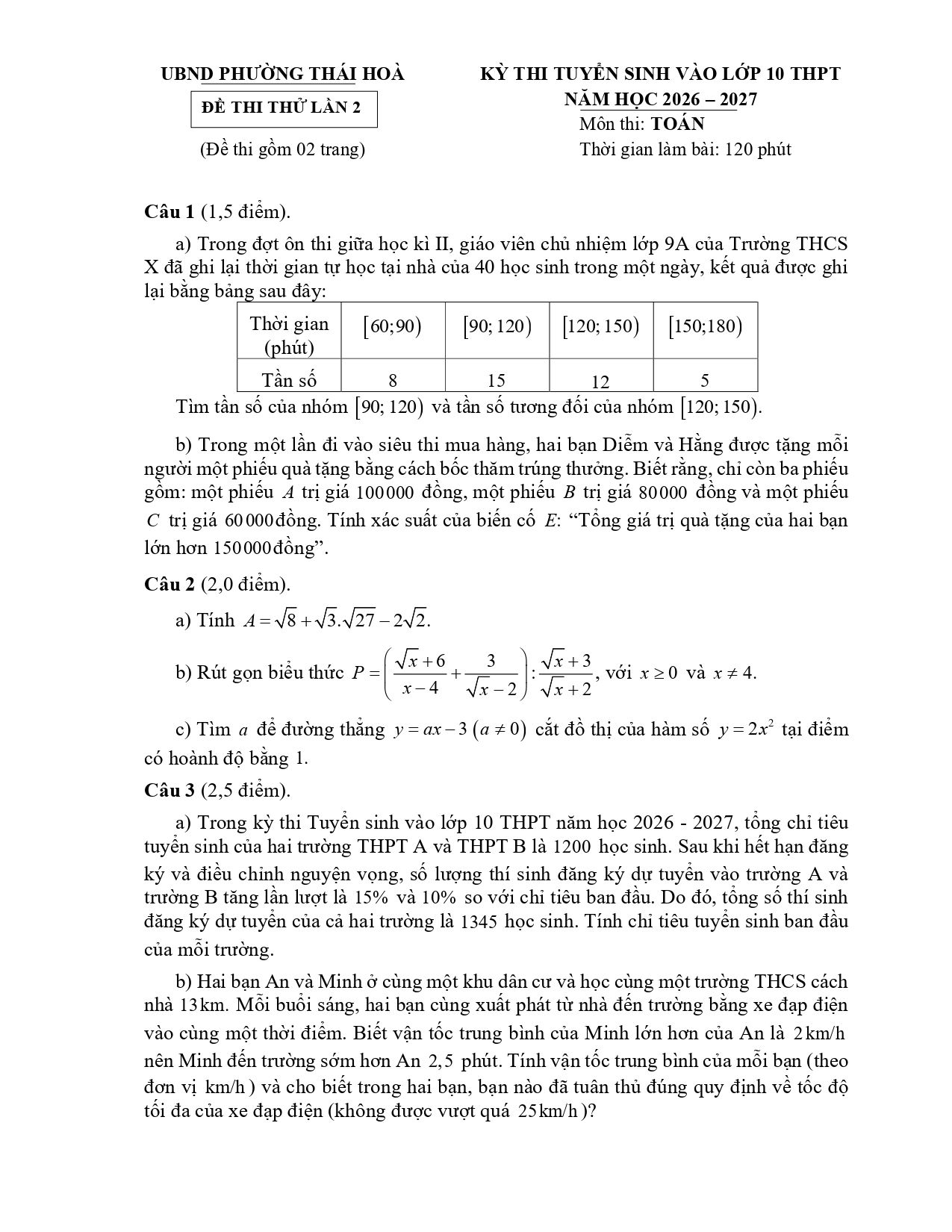 Đề thi thử Toán vào lớp 10 lần 2 năm 2026-2027 trường THCS Hòa Hiếu 2 (Nghệ An)
