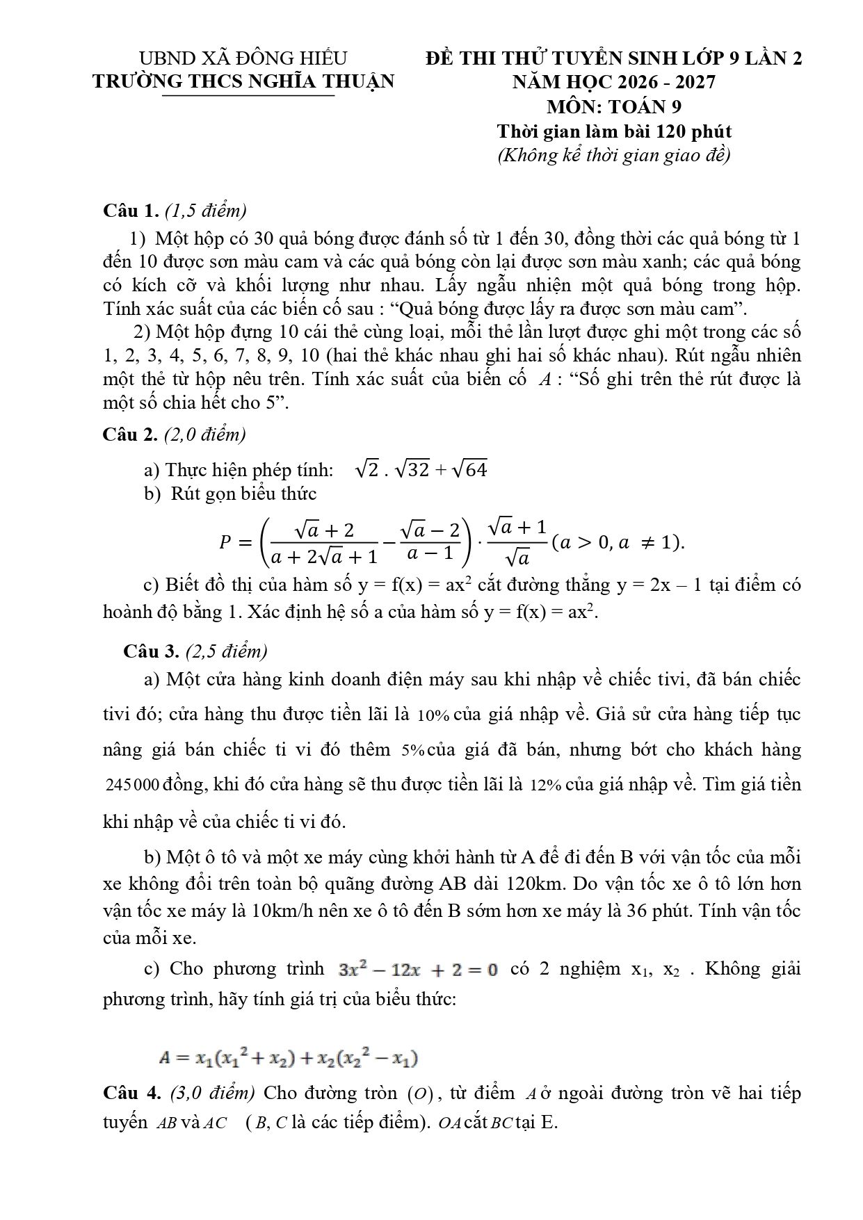 Đề thi thử Toán vào lớp 10 lần 2 năm 2026-2027 trường THCS Nghĩa Thuận (Nghệ An)
