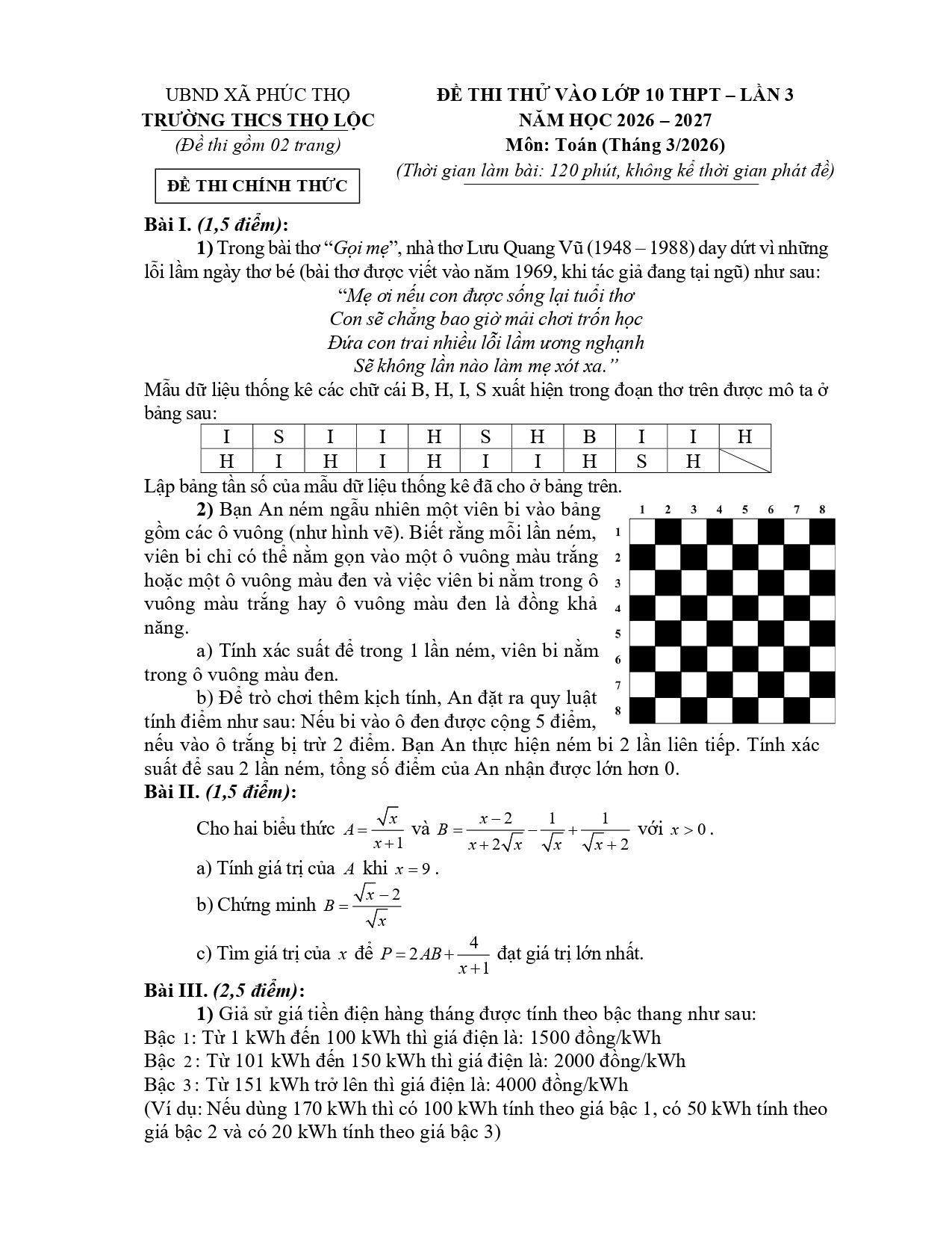Đề thi thử Toán vào lớp 10 lần 3 năm 2026-2027 trường THCS Thọ Lộc (Hà Nội)