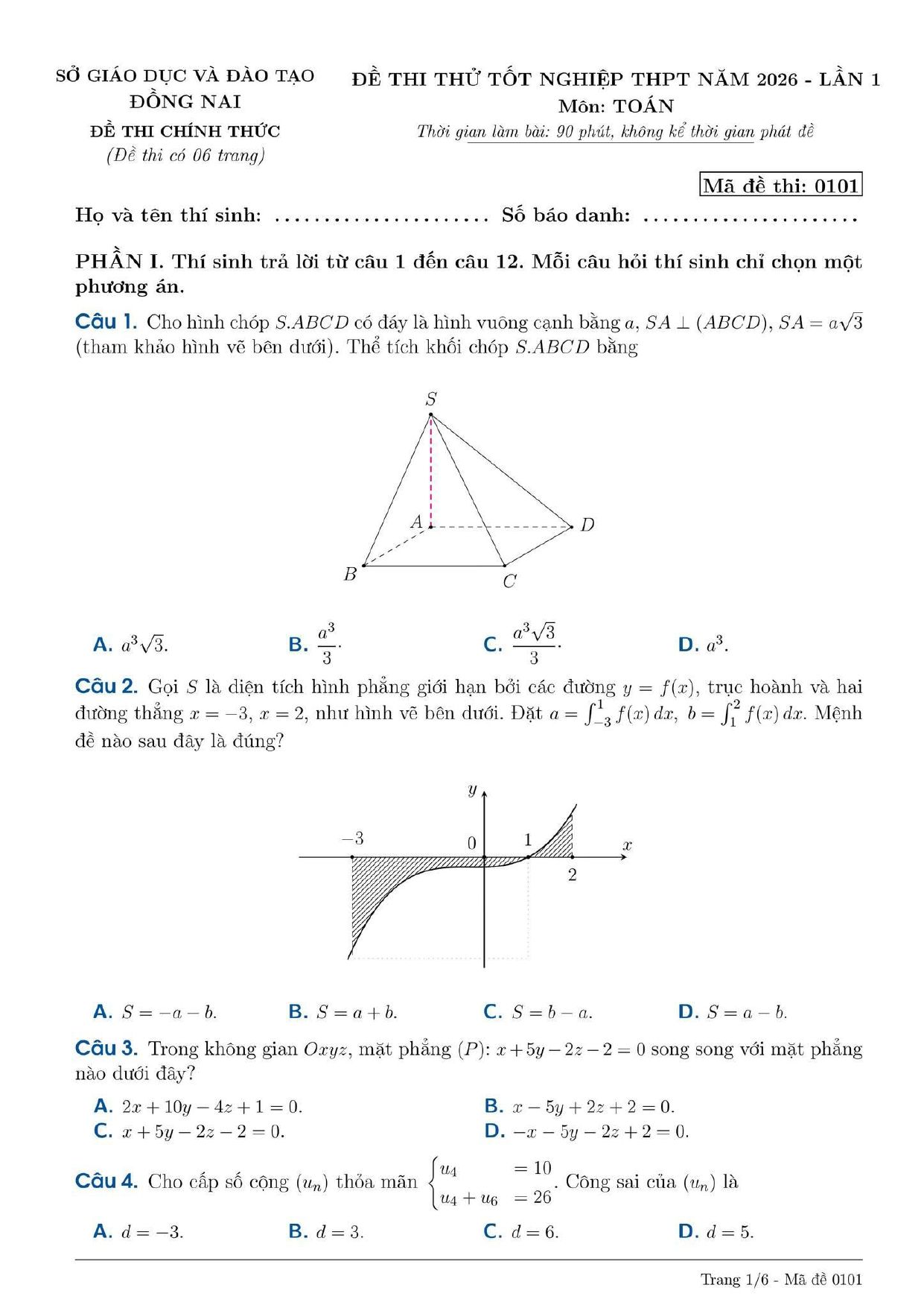 Đề thi thử Tốt nghiệp THPT Toán (lần 1) 2025-2026 sở GD&ĐT Đồng Nai