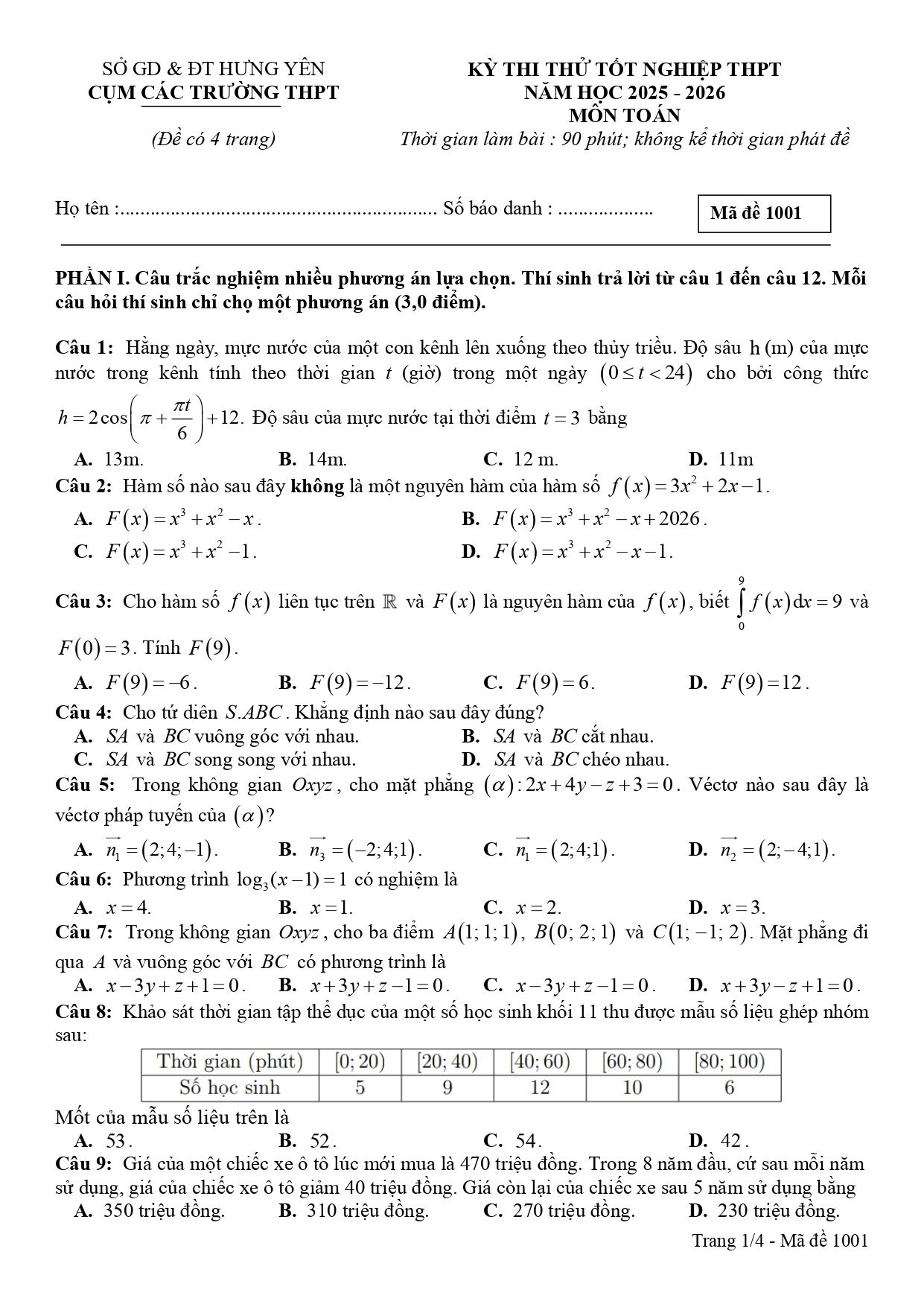 Đề thi thử Tốt nghiệp THPT Toán 2025-2026 cụm các trường THPT (Hưng Yên)