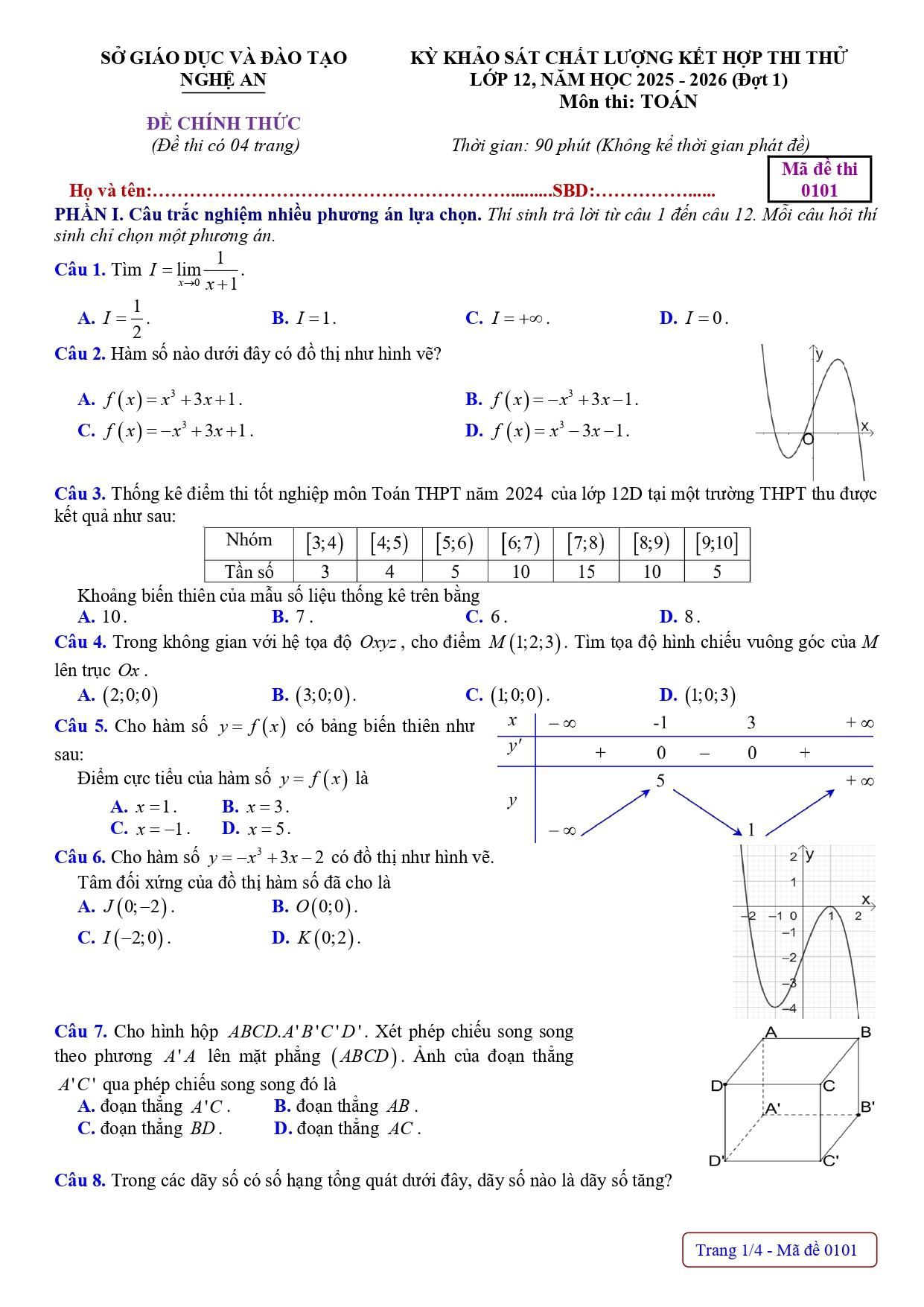 Đề thi thử Tốt nghiệp THPT Toán 2025-2026 sở GD&ĐT Nghệ An