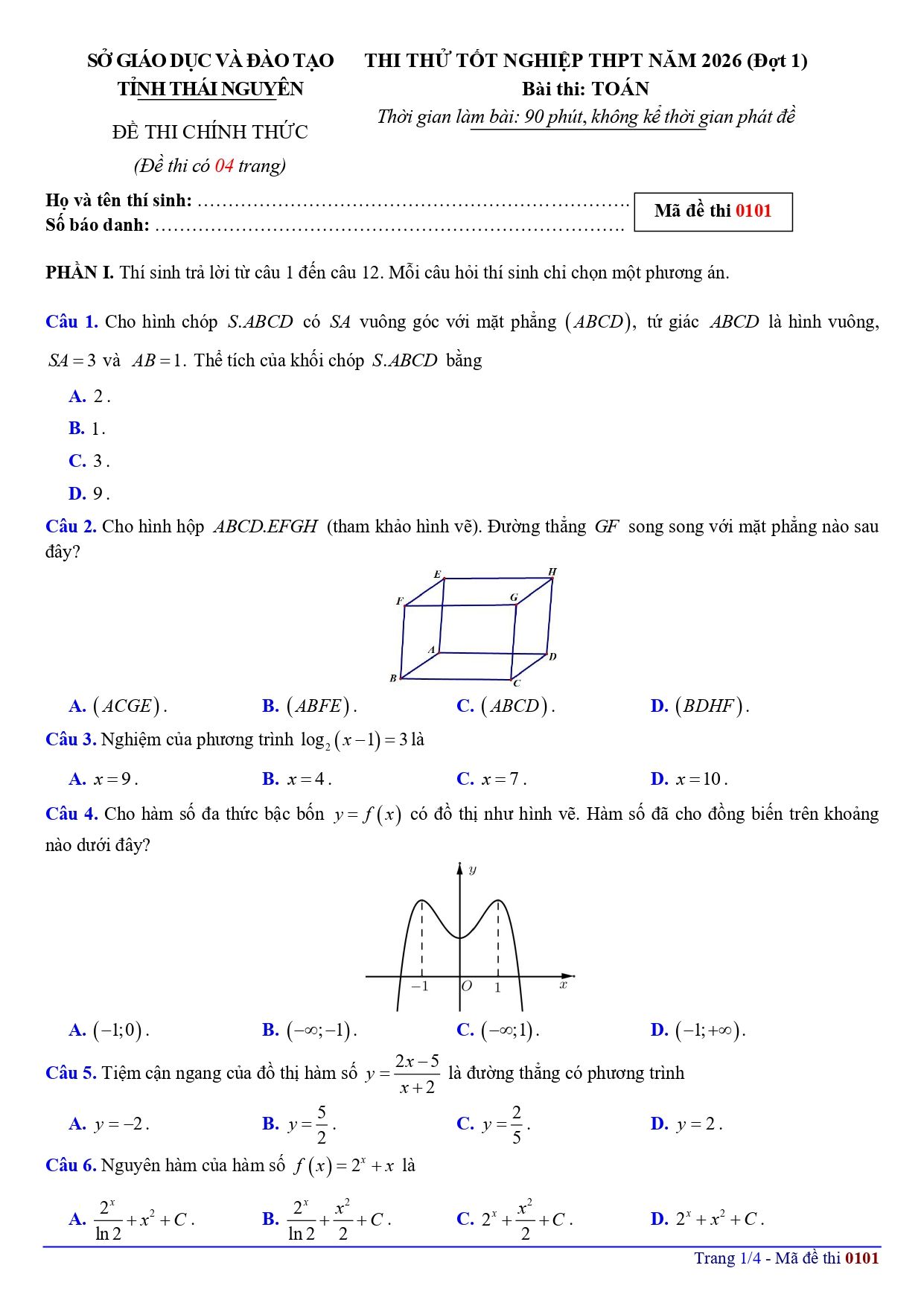 Đề thi thử Tốt nghiệp THPT Toán 2025-2026 sở GD&ĐT Thái Nguyên