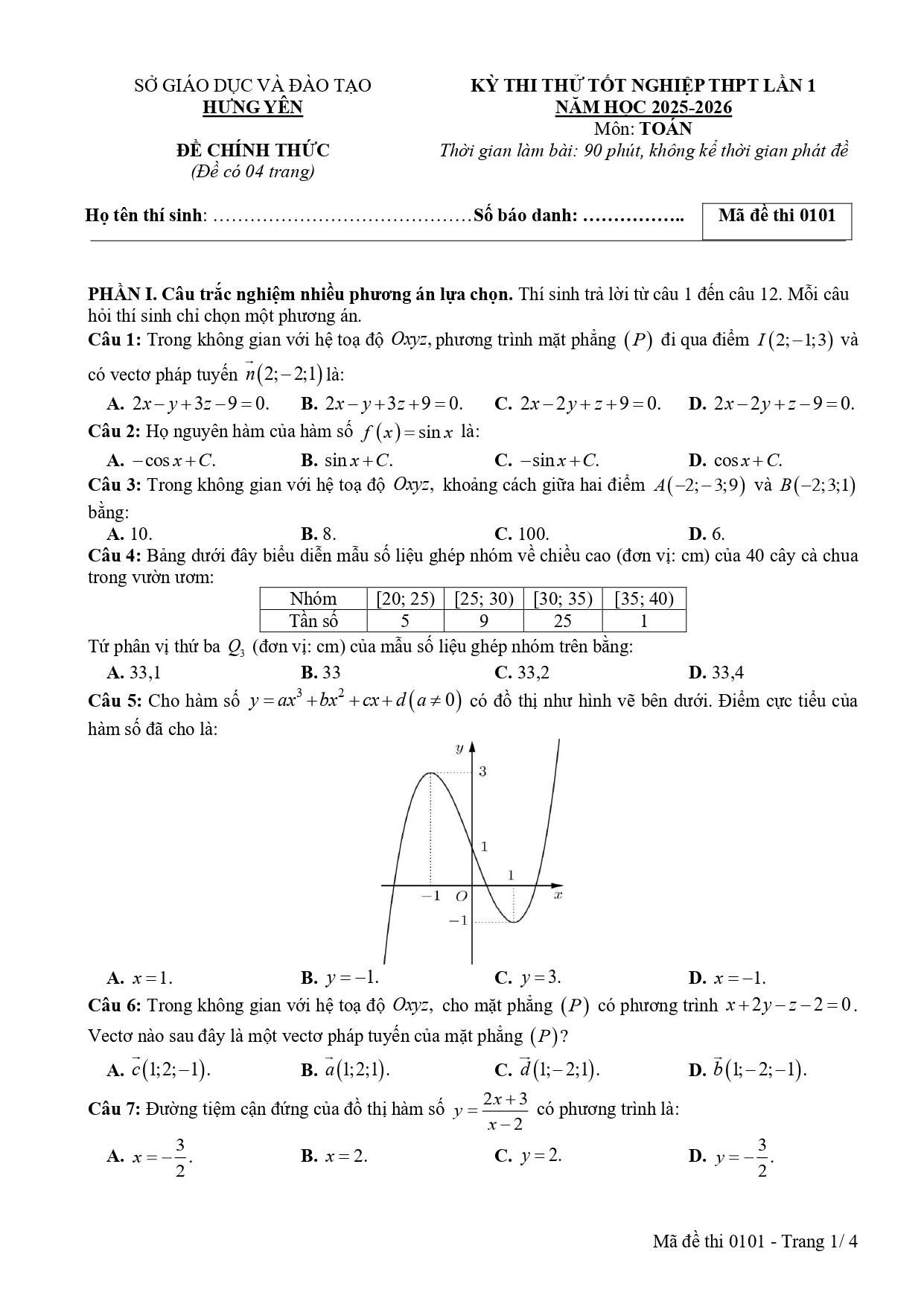 Đề thi thử Tốt nghiệp THPT Toán (lần 1) 2025-2026 sở GD&ĐT Hưng Yên