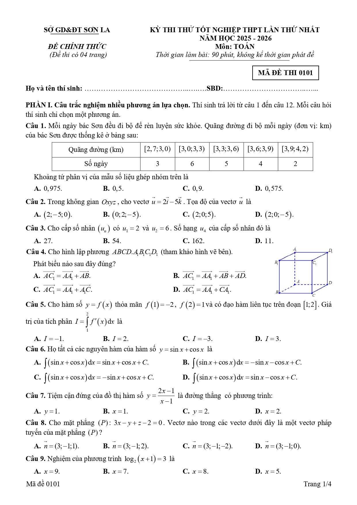 Đề thi thử Tốt nghiệp THPT Toán (lần 1) 2025-2026 sở GD&ĐT Sơn La