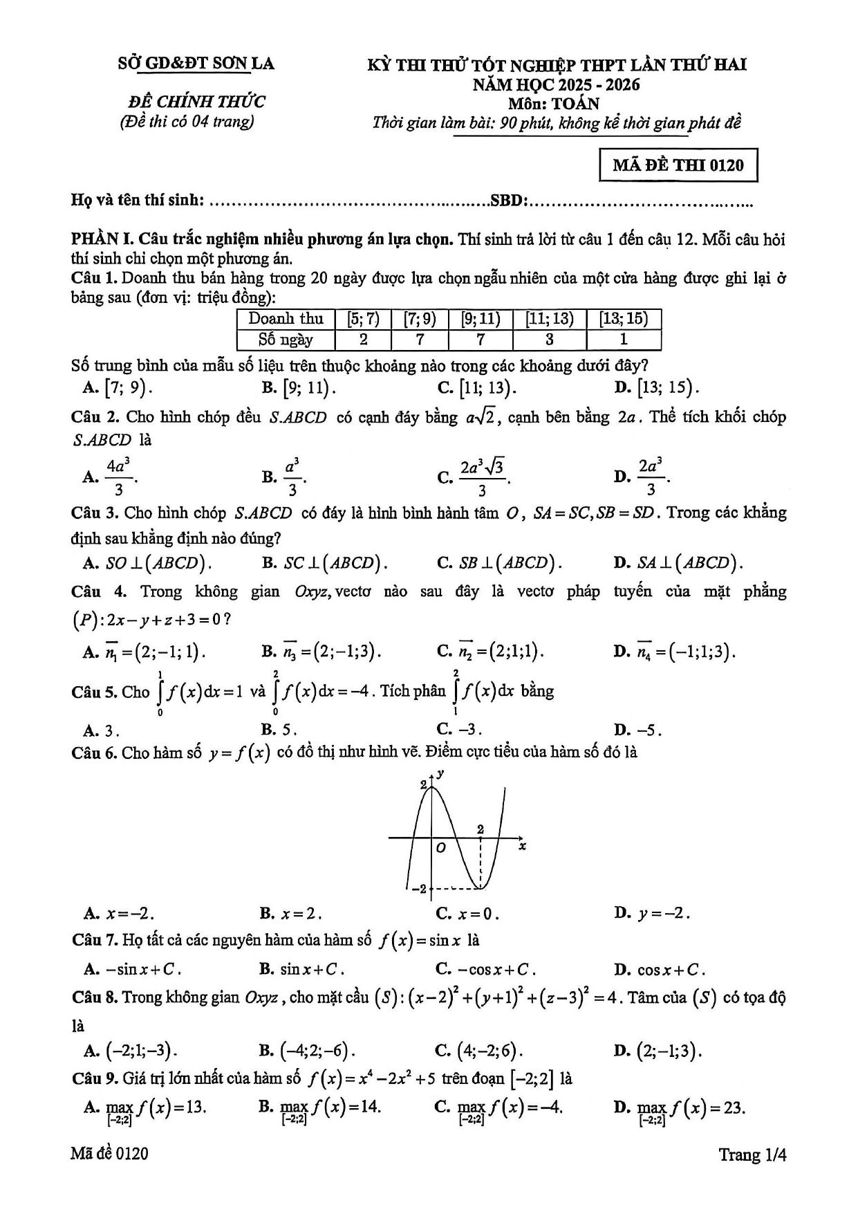 Đề thi thử Tốt nghiệp THPT Toán (lần 2) 2025-2026 sở GD&ĐT Sơn La