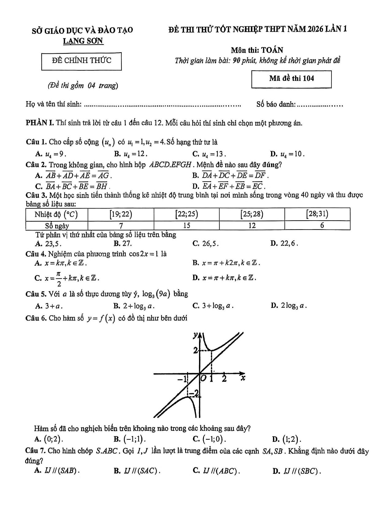 Đề thi thử Tốt nghiệp THPT Toán 2025-2026 (lần 1) sở GD&ĐT Lạng Sơn