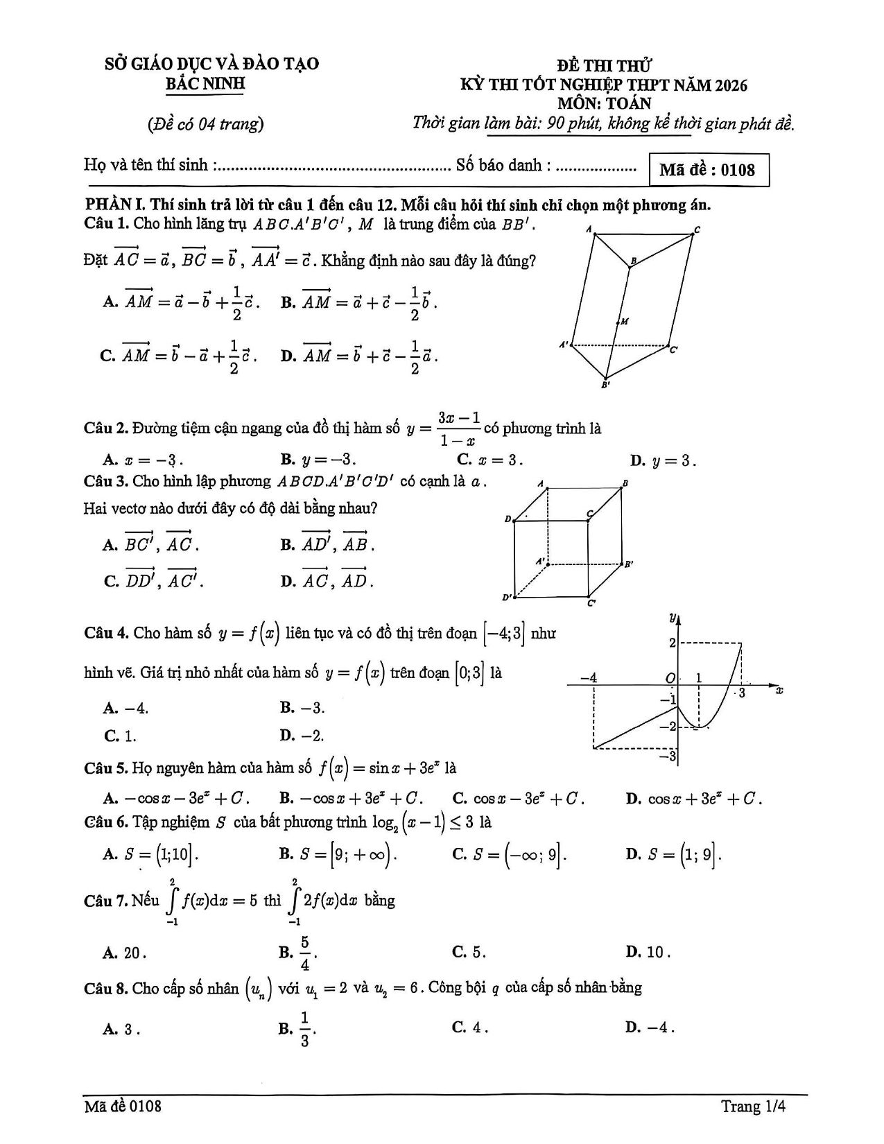 Đề thi thử Tốt nghiệp THPT Toán 2025-2026 sở GD&ĐT Bắc Ninh