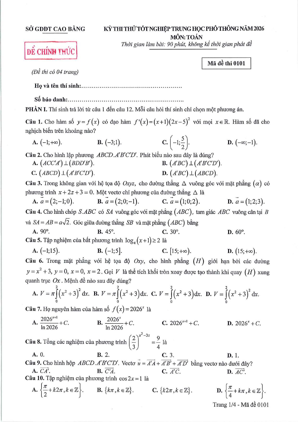 Đề thi thử Tốt nghiệp THPT Toán 2025-2026 sở GD&ĐT Cao Bằng