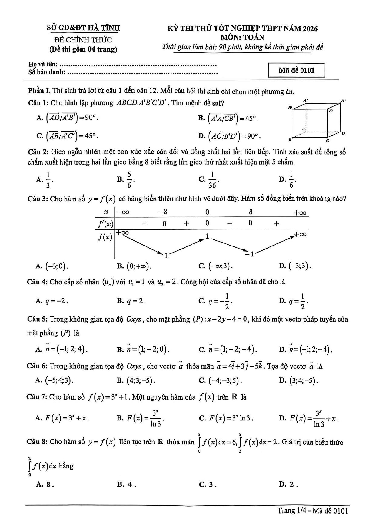 Đề thi thử Tốt nghiệp THPT Toán 2025-2026 sở GD&ĐT Hà Tĩnh
