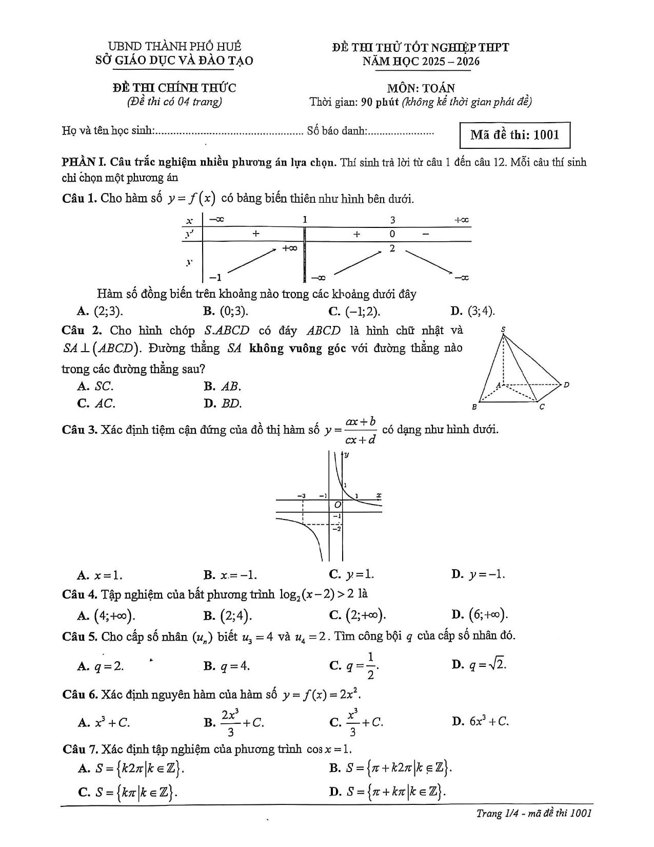 Đề thi thử Tốt nghiệp THPT Toán 2025-2026 sở GD&ĐT Huế