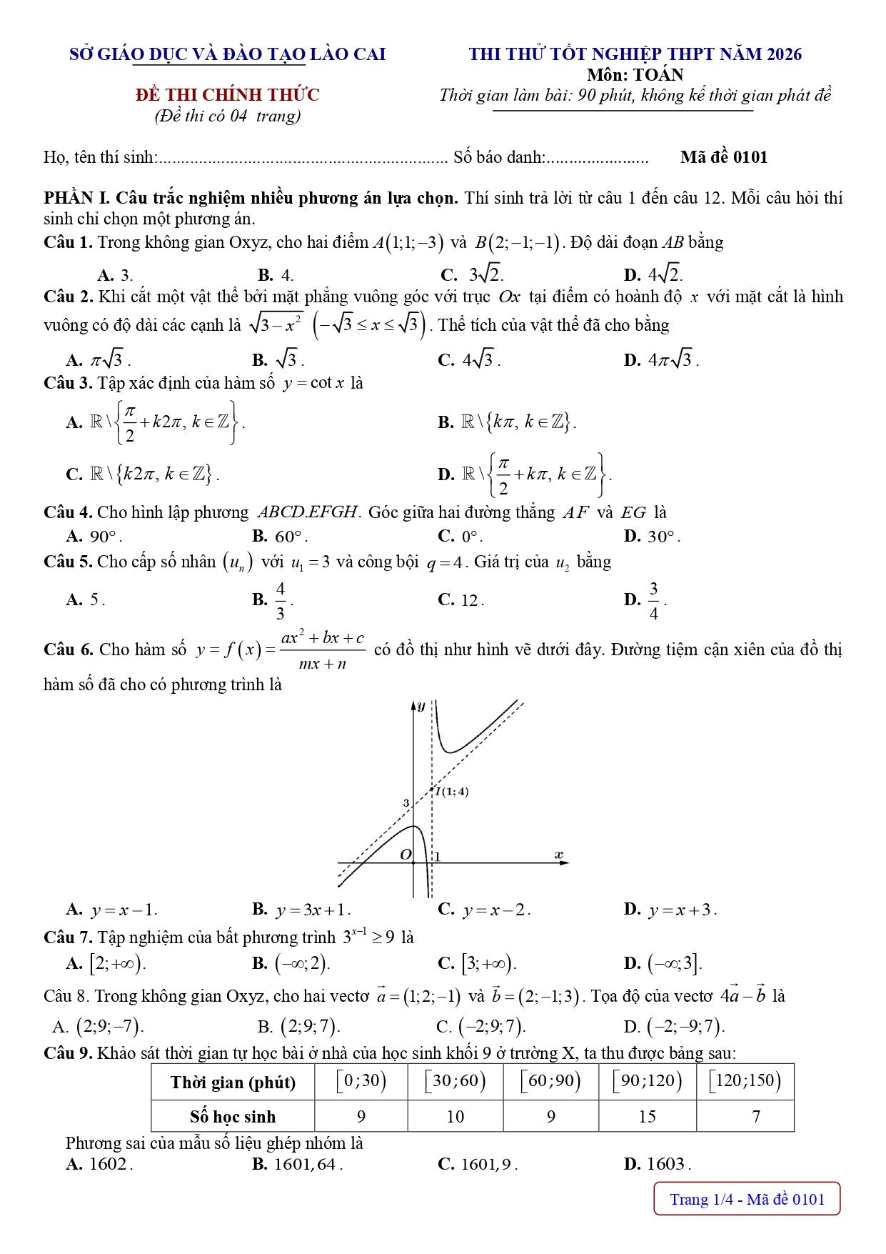 Đề thi thử Tốt nghiệp THPT Toán 2025-2026 sở GD&ĐT Lào Cai