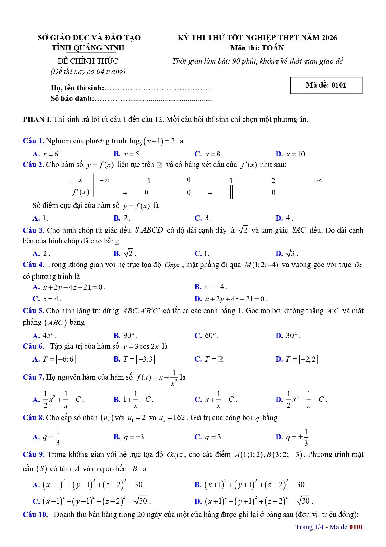 Đề thi thử Tốt nghiệp THPT Toán 2025-2026 sở GD&ĐT Quảng Ninh