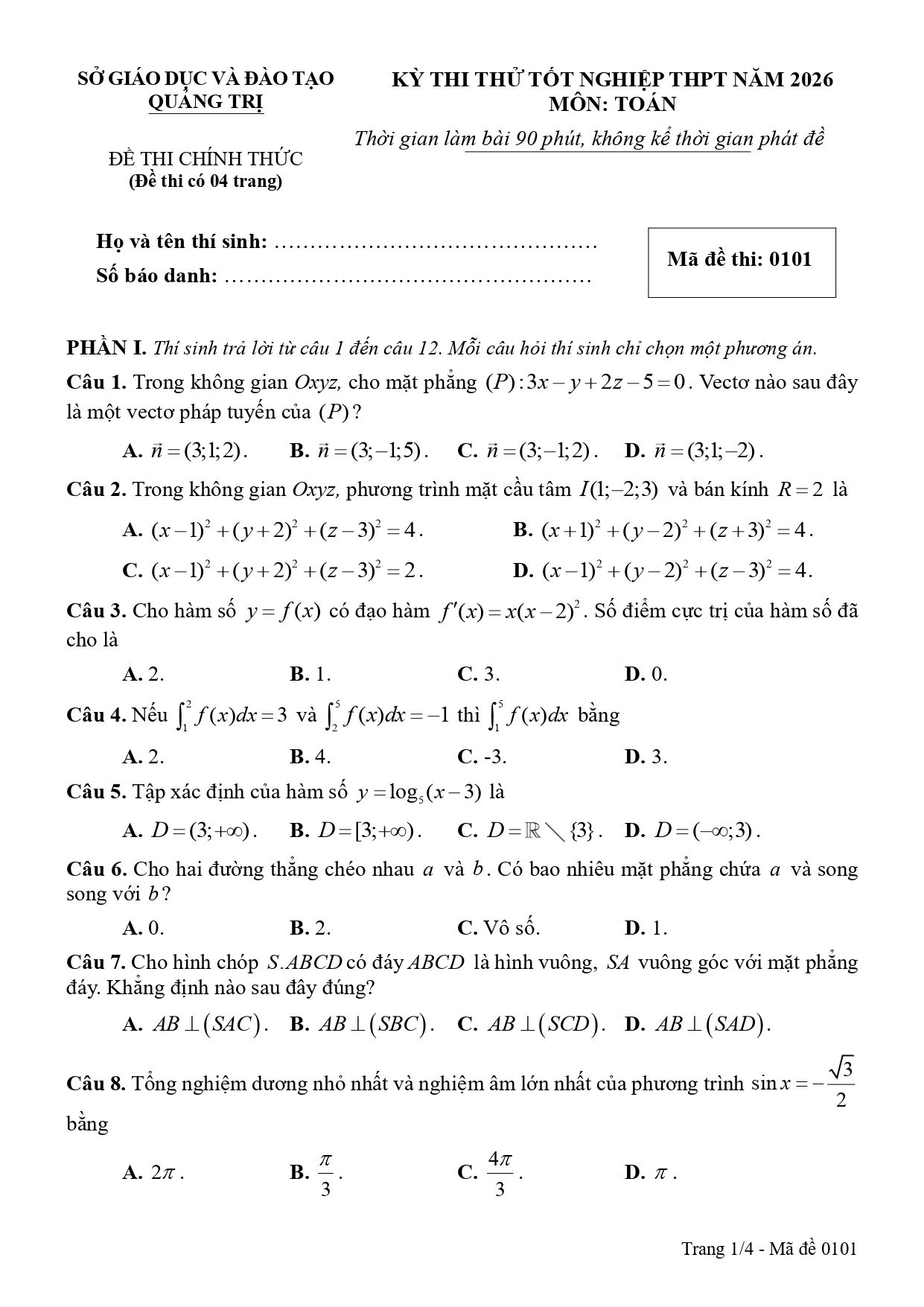 Đề thi thử Tốt nghiệp THPT Toán 2025-2026 sở GD&ĐT Quảng Trị