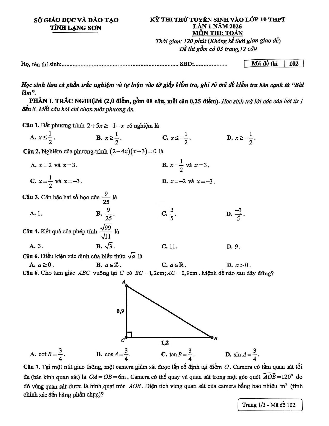 Đề thi thử Toán vào lớp 10 lần 1 năm 2026-2027 sở GD&ĐT Lạng Sơn