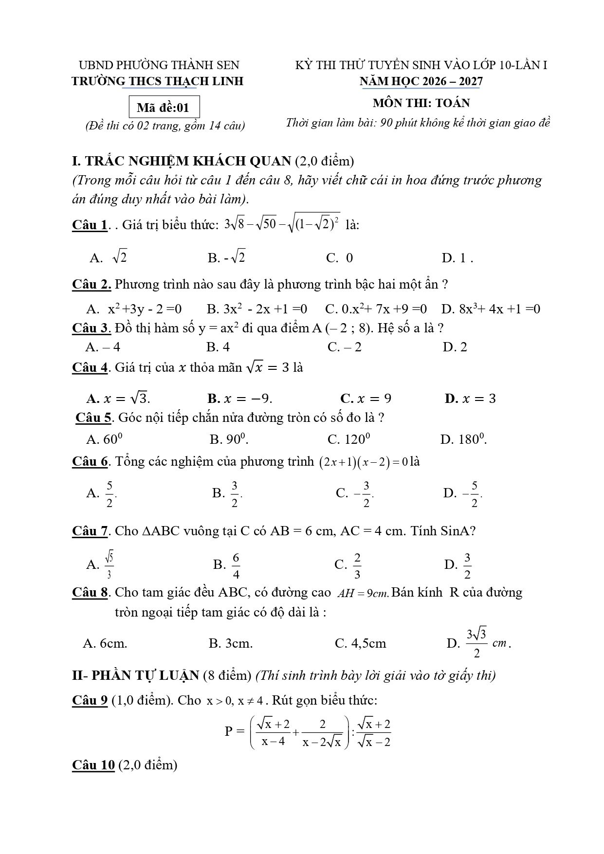 Đề thi thử Toán vào lớp 10 năm 2026-2027 trường THCS Thạch Linh (Hà Tĩnh)