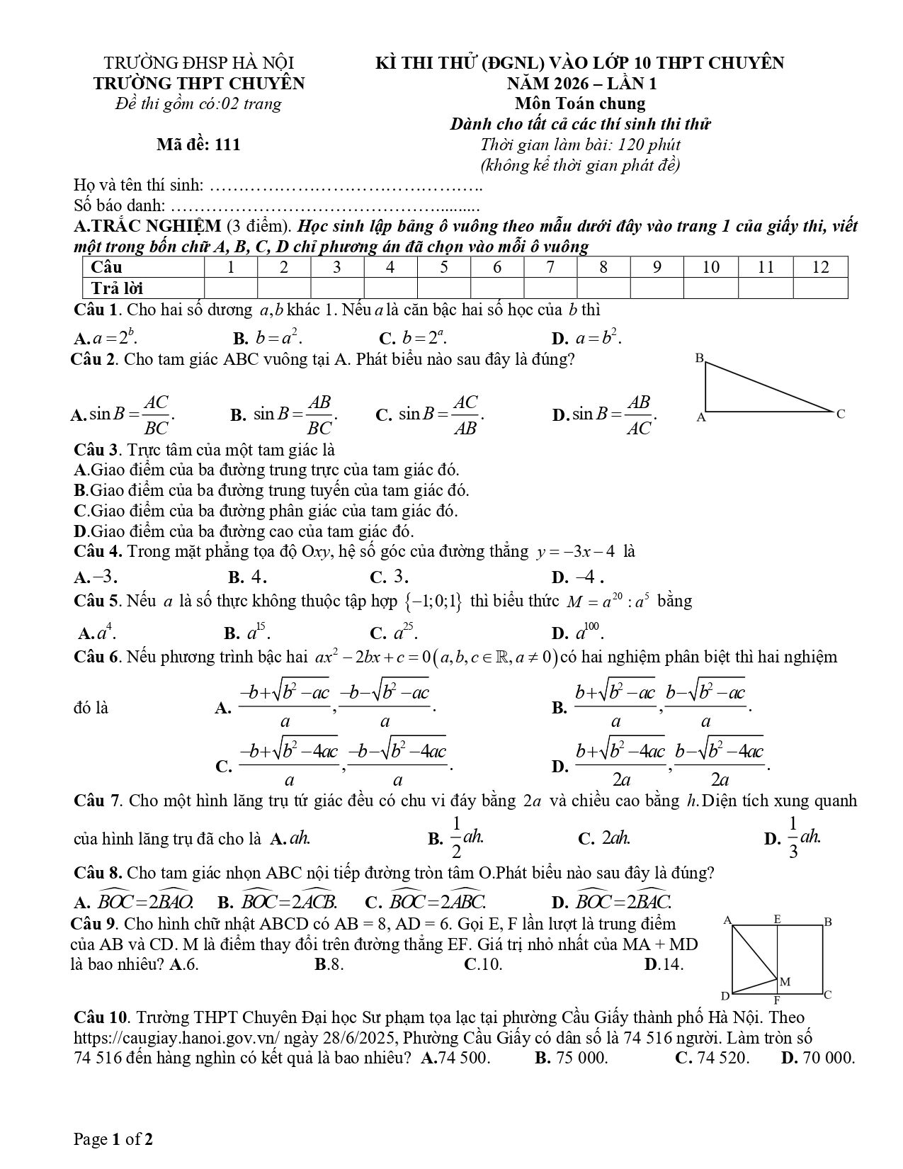 Đề thi thử Toán vào lớp 10 (chung) năm 2026-2027 trường chuyên ĐHSP Hà Nội