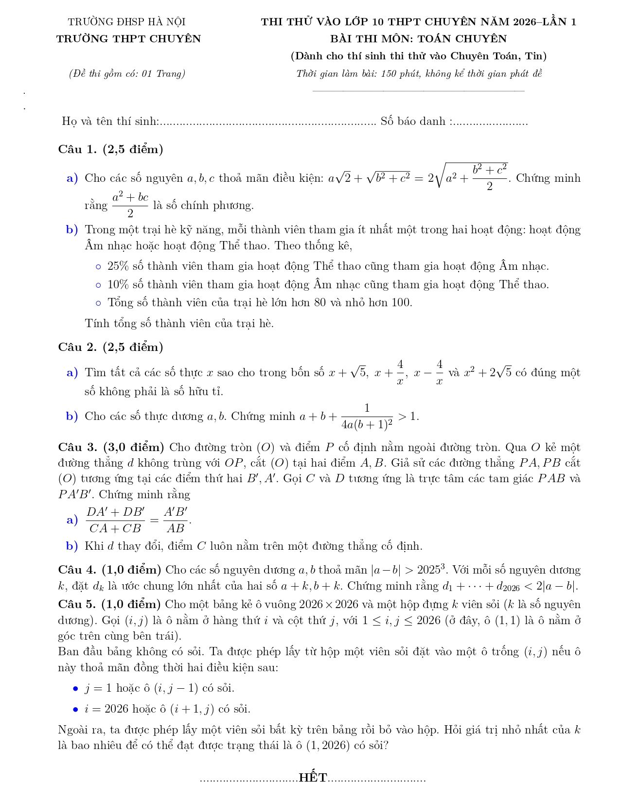 Đề thi thử Toán vào lớp 10 (chuyên) năm 2026-2027 trường chuyên ĐHSP Hà Nội