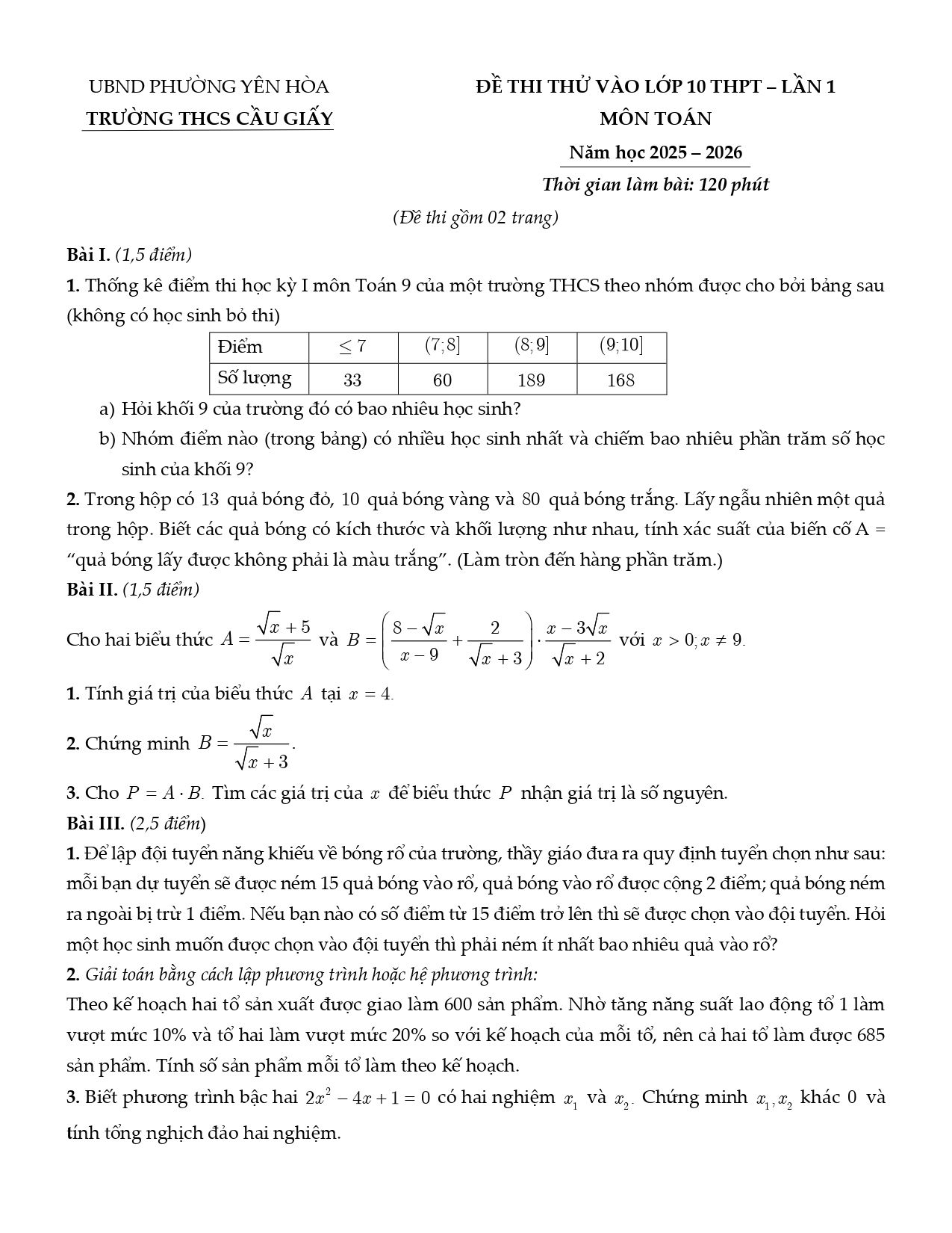 Đề thi thử Toán vào lớp 10 lần 1 năm 2026-2027 trường THCS Cầu Giấy (Hà Nội)