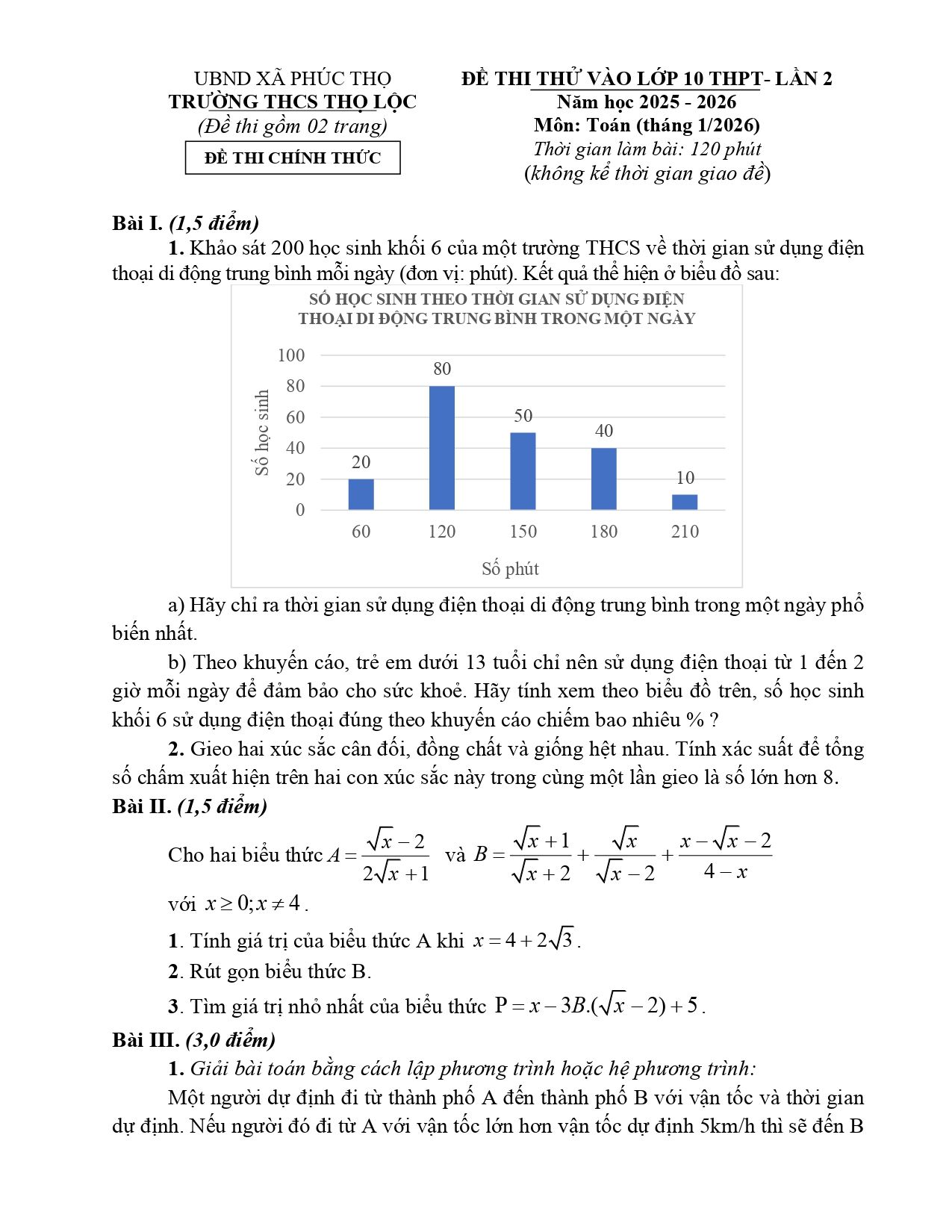 Đề thi thử Toán vào lớp 10 lần 2 năm 2026-2027 trường THCS Thọ Lộc (Hà Nội)