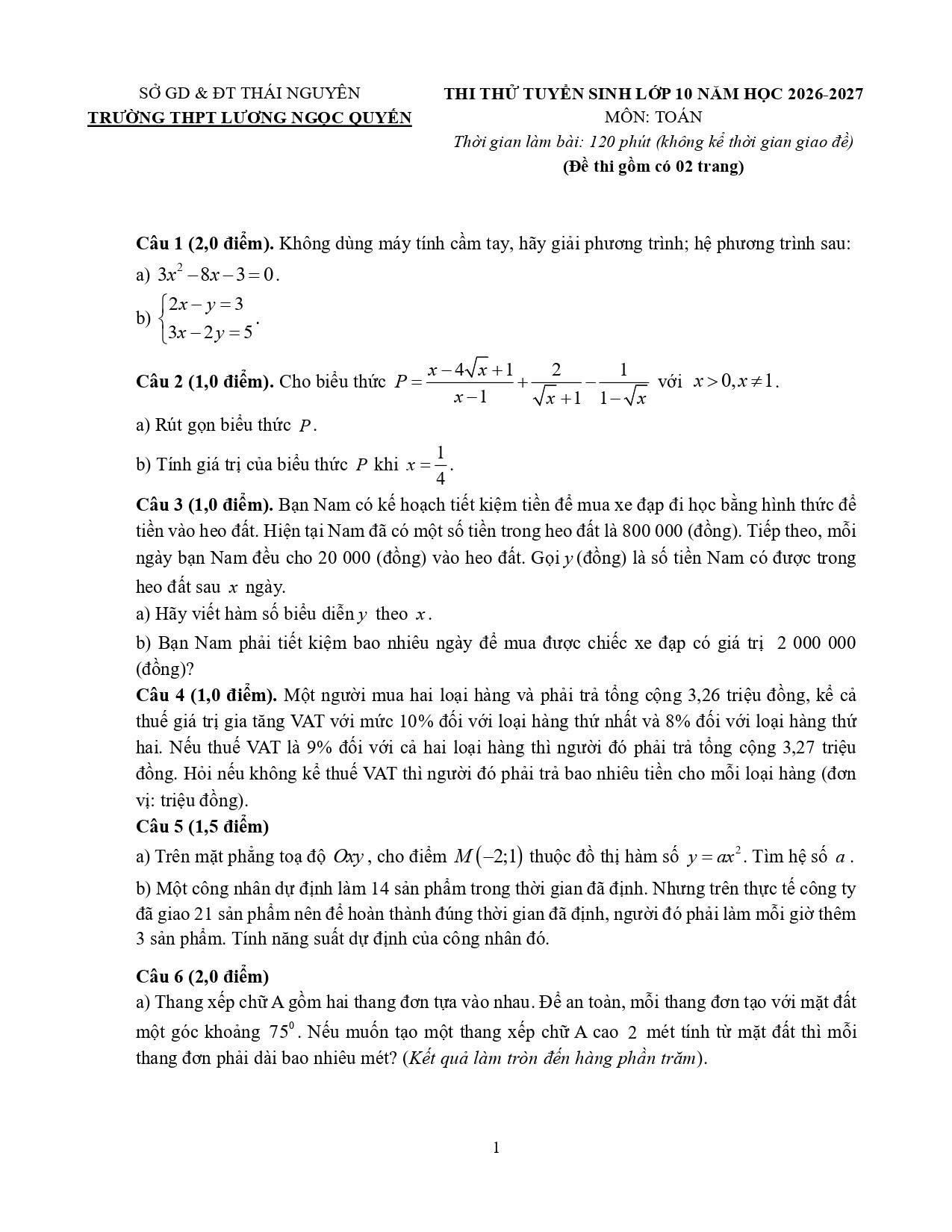 Đề thi thử Toán vào lớp 10 năm 2026-2027 trường Lương Ngọc Quyến (Thái Nguyên)