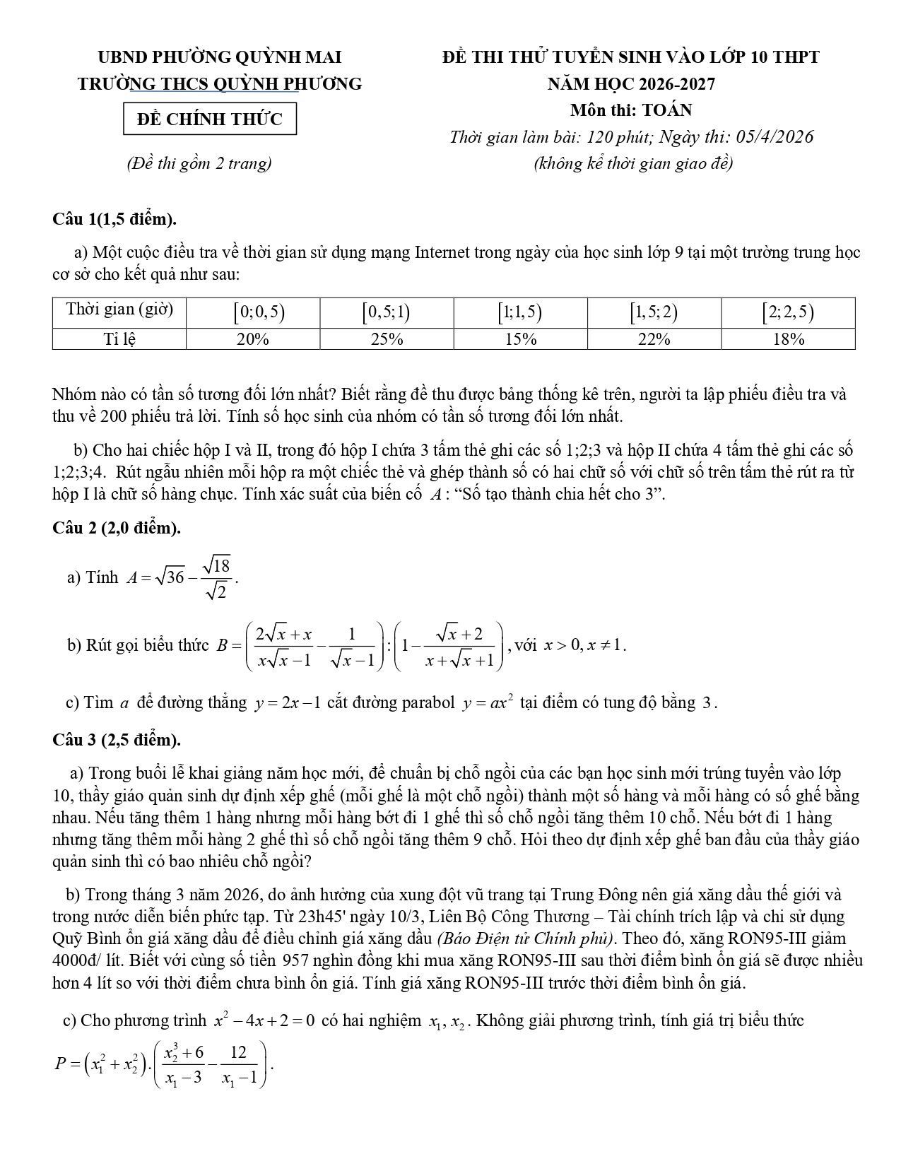 Đề thi thử Toán vào lớp 10 năm 2026-2027 trường THCS Quỳnh Phương (Nghệ An)