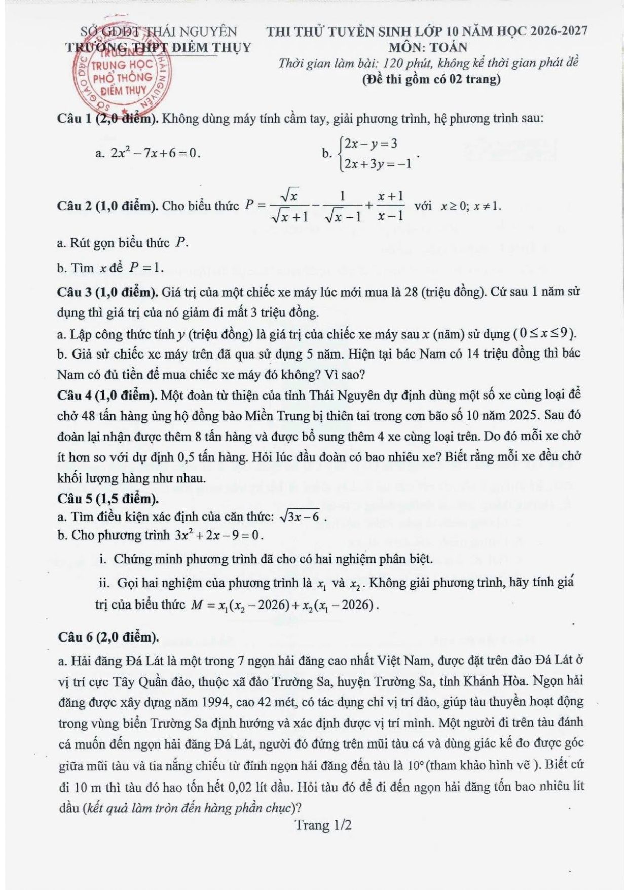 Đề thi thử Toán vào lớp 10 năm 2026-2027 trường THPT Điềm Thụy (Thái Nguyên)