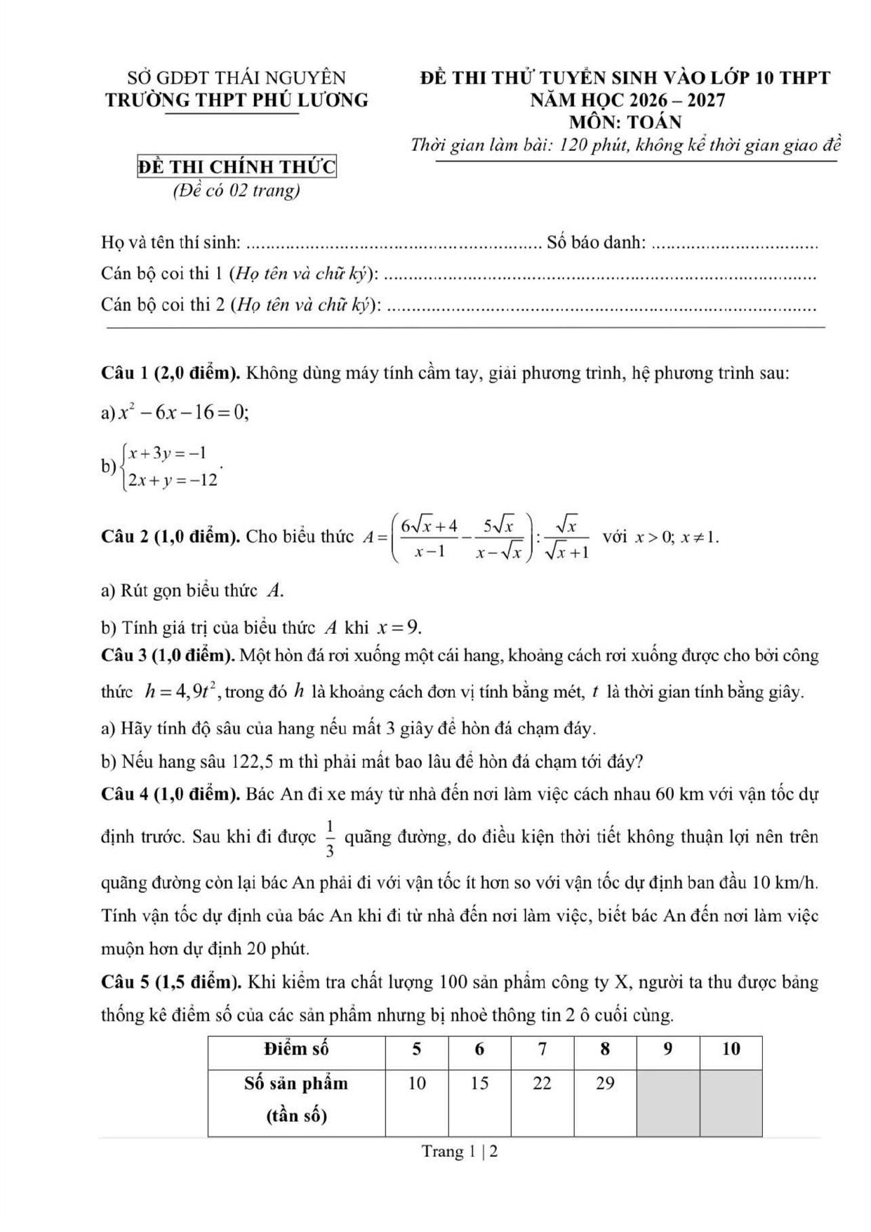 Đề thi thử Toán vào lớp 10 năm 2026-2027 trường THPT Phú Lương (Thái Nguyên)