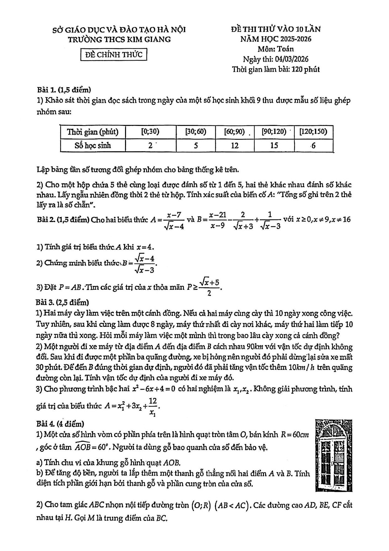 Đề thi thử Toán vào lớp 10 năm 2026-2027 trường THCS Kim Giang (Hà Nội)